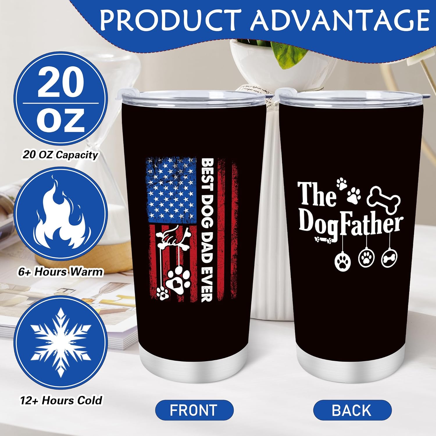 Keluna Dog Dad Gifts for Men - 3Pcs Best Dog Dad Gifts, 20Oz Insulated Tumbler with Lid Staw, Keychain, Bracelets, Christmas Father's Day Birthday Retirement Presents for Dogfather Pet Dog Lovers Men - Image 3