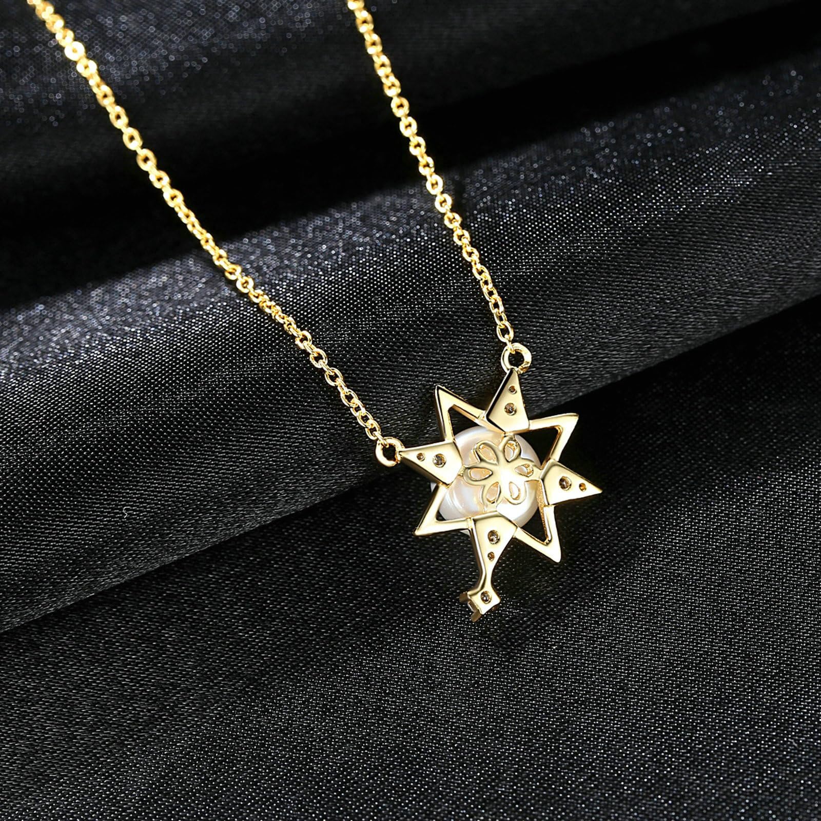 AAA łańcuszek damski ze złota próby 585, zawieszka charms oktagram z perłą i diamencikami, łańcuszek na szyję dla kobiet, 45 cm, bez nik