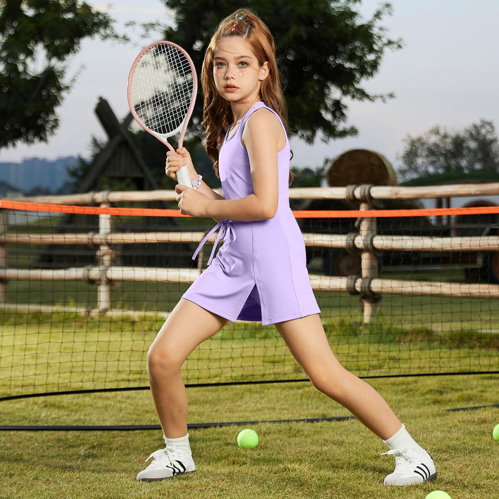Ärmelloses Tenniskleid für Mädchen, Tank-Top, Skorts, Röcke, hohe Taille, Seitenschlitz, Outfit, athletische Sets mit Shorts und Taschen