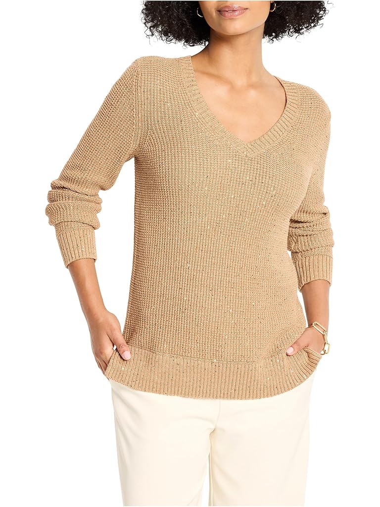 Beige NIC+ZOE Shimmer Waffle V-neck Sweater