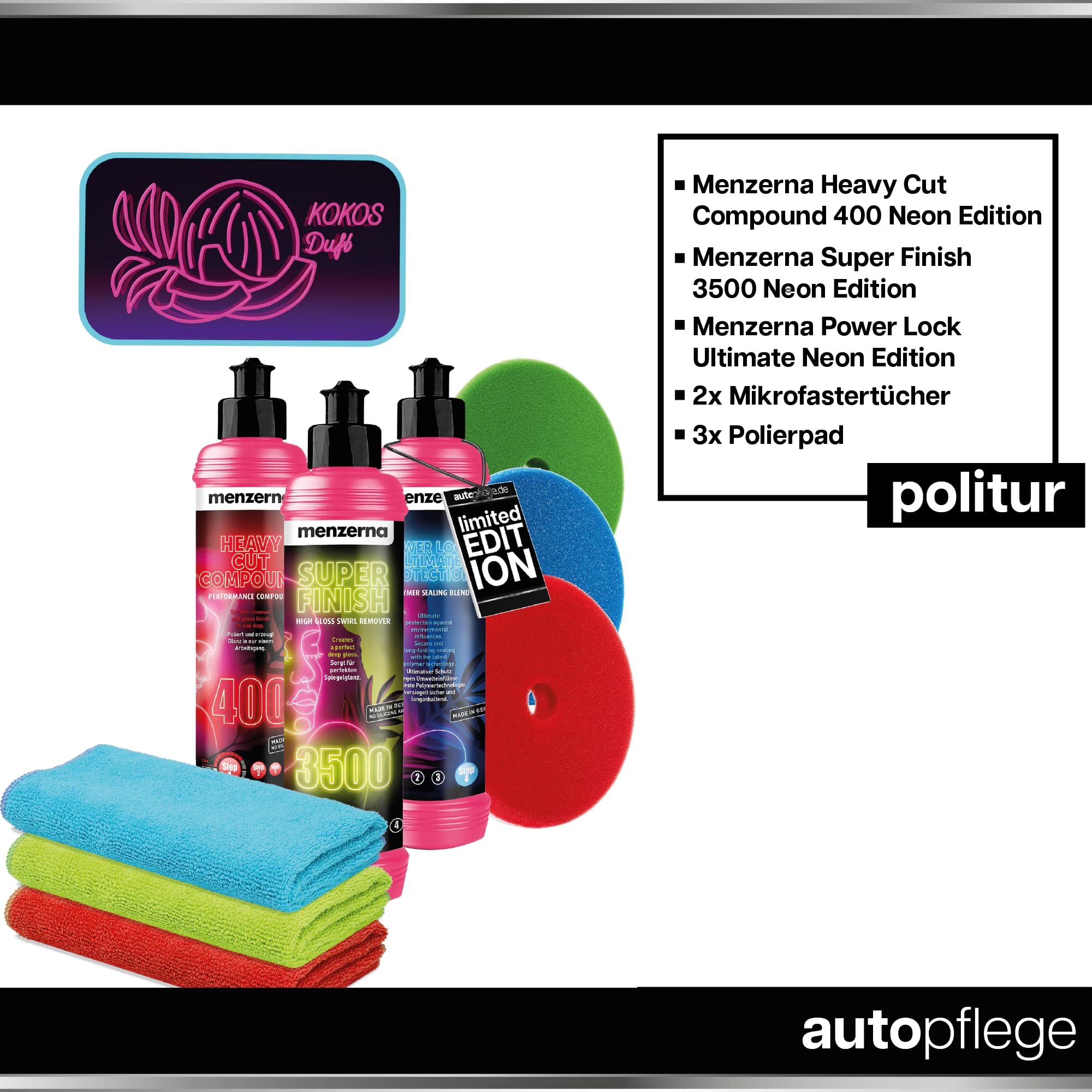 Juego de abrillantador y sellador de coche Menzerna Heavy Cut Compound 400 contra arañazos + Super Finish 3500 pulido brillante + Power Lock Ultimate Protection + 3 x Gamuza de 40 x 40 cm + 3 x