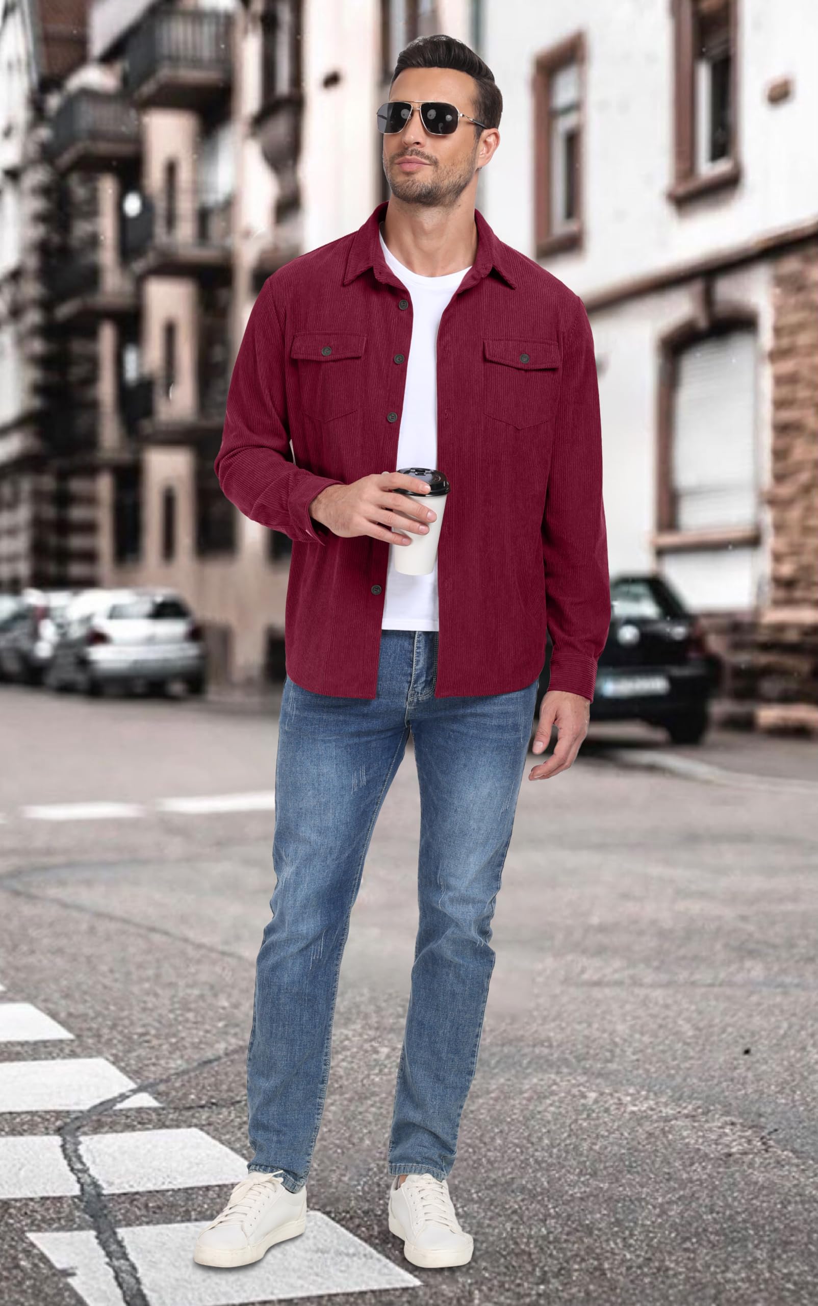 QIXING Camicie da uomo in velluto a coste con bottoni a maniche lunghe, giacca da camionista autunno inverno cappotti con tasche con patta