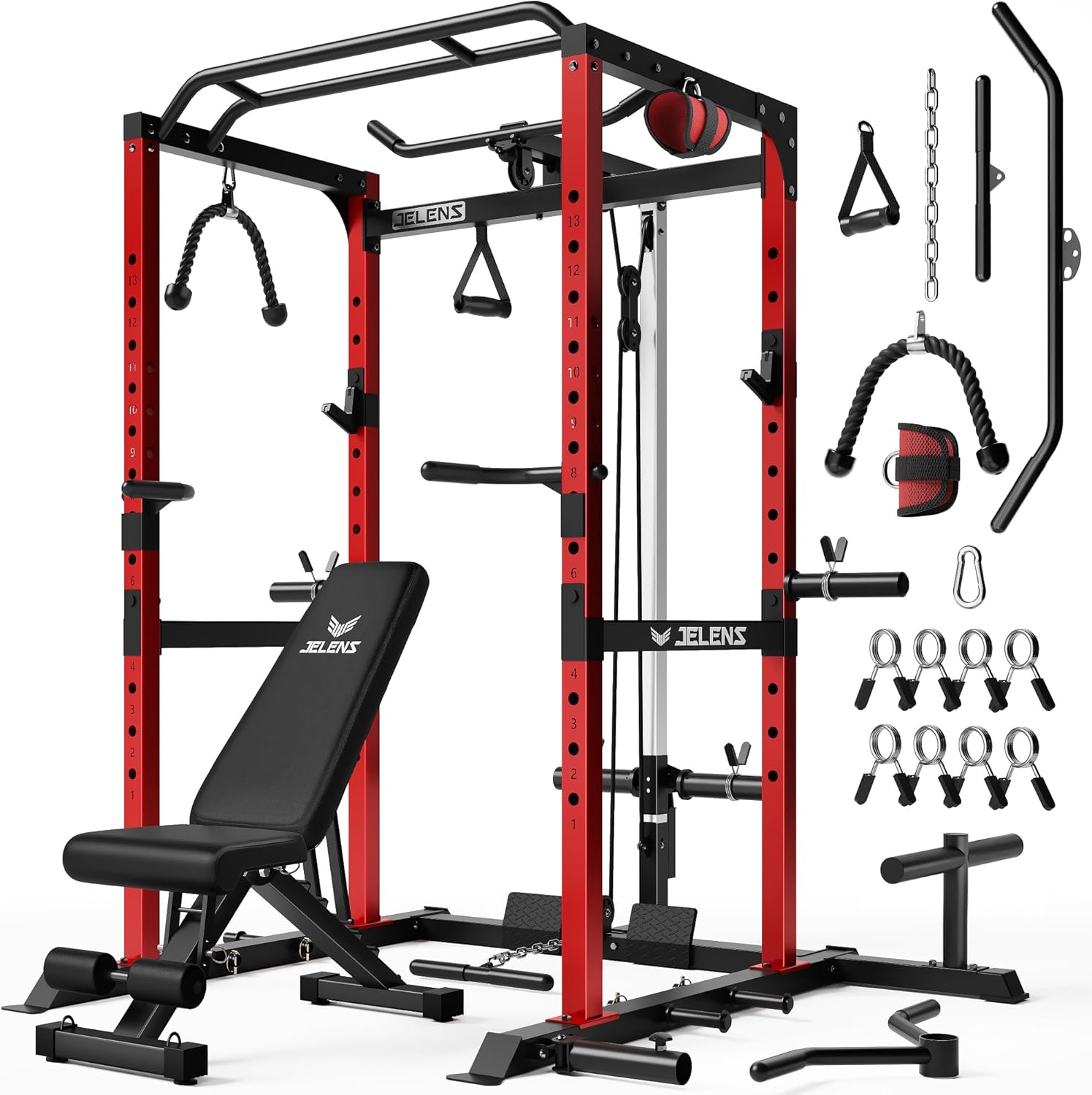 JELENS S21 Power Cage, Multi-Function Power Rack with Adjustable Cable Crossover System, 2000LBS Squat Rack for Home Gym with More Training Attachments