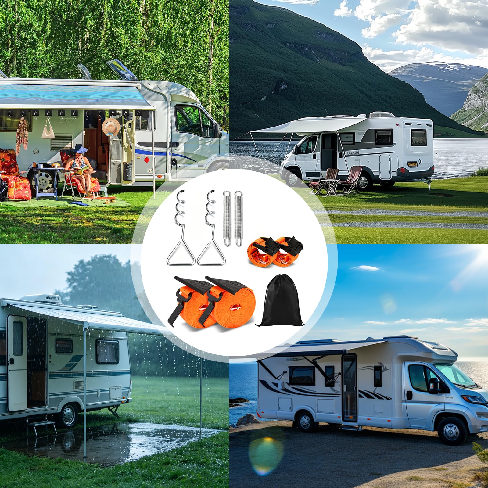 Sangle Anti-Tempête pour Auvents de Camping-Car avec 2 Piquets à Vis, 2 Ressorts et 2 Sangles - Compatible Thule & Fiamma - Accessoire pour Tente, et Accessoires de Camping Car