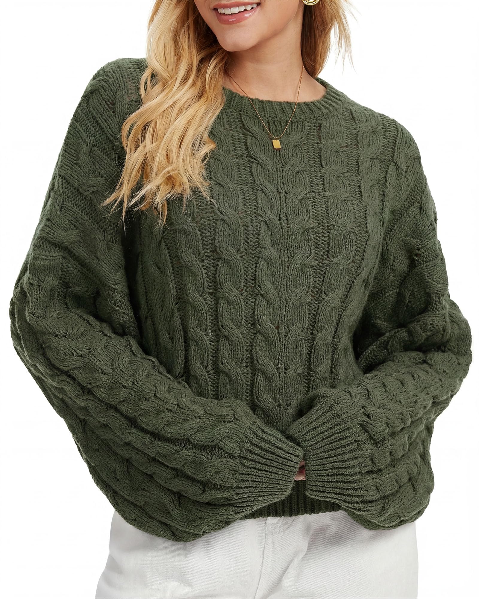 Women Oversized Cable Knit Sweater 2025 Long Sleeve Chunky Sweater Crewneck Loose Fit Pullover Fall Winter Outfit