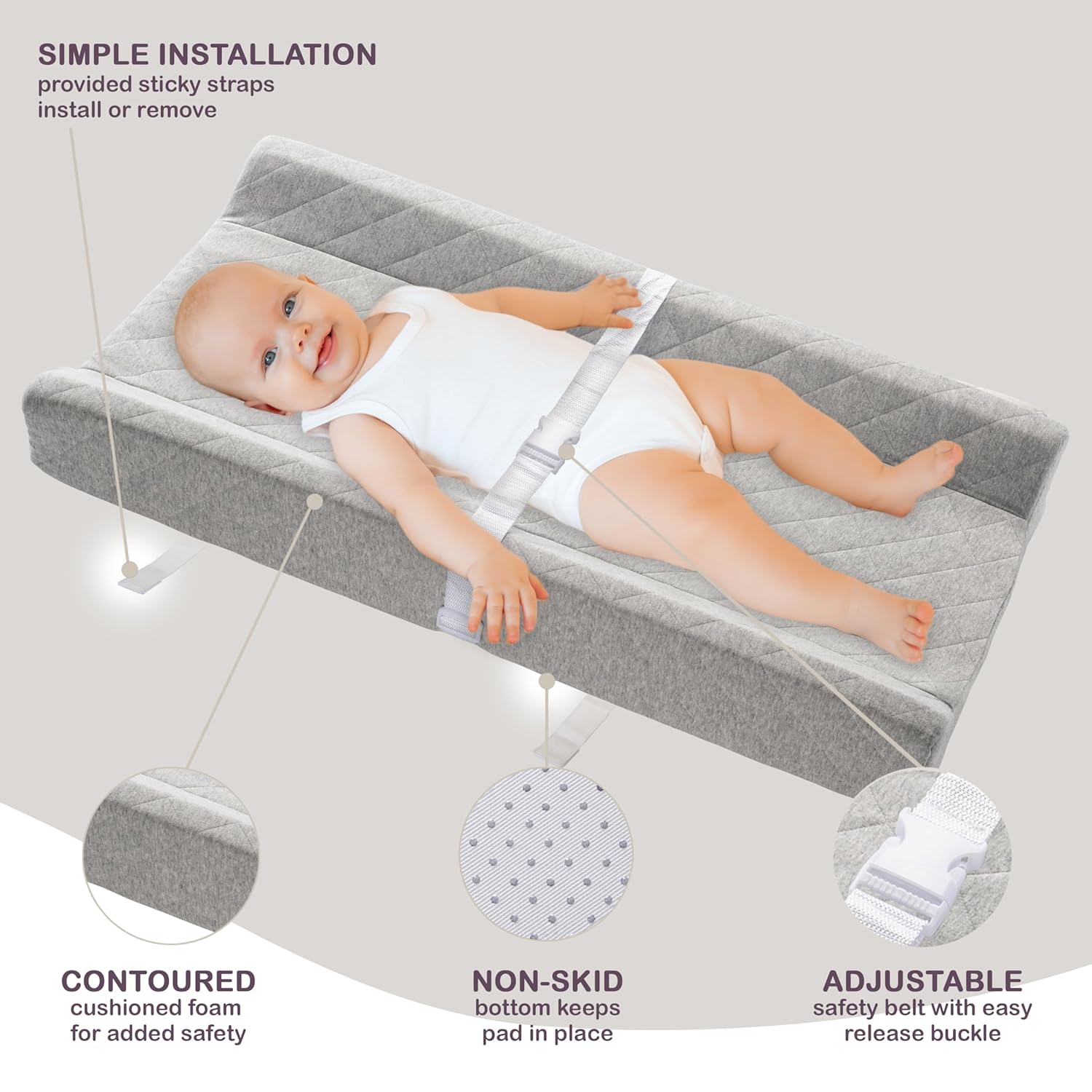 Organic Cotton Contoured Baby Changing Pad w/Waterproof Foam Mattress, Includes Soft, Removable & Washable Cover, Safety Strap, Non-Slip Bottom, Topper for Standard Size Infant Diaper Table & Dresser