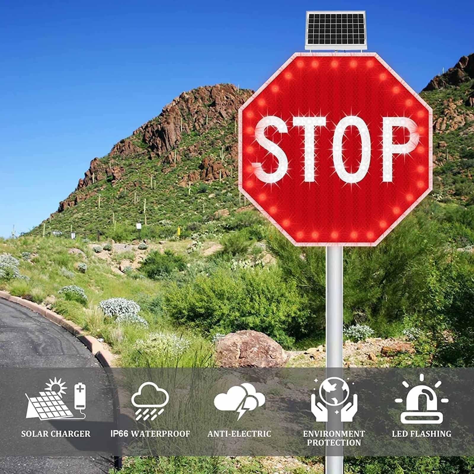 Señal de parada LED solar intermitente, IP66 impermeable, señal de seguridad vial de 24 pulgadas para entrada y estacionamiento