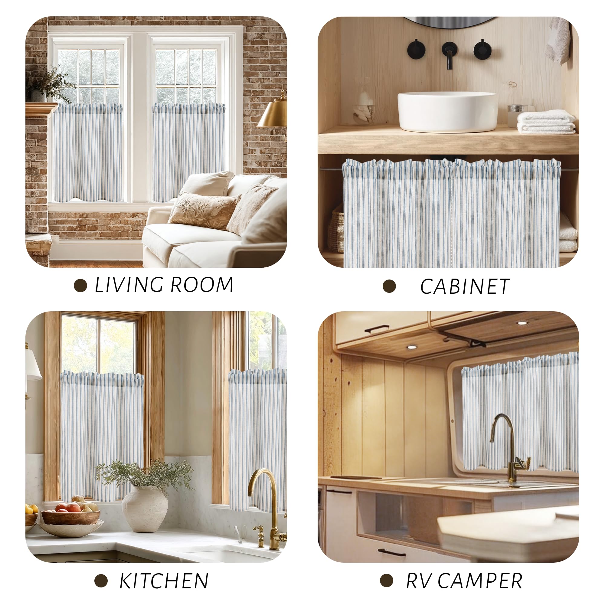 DWCN Tende da cucina a vetro corte, a righe, blu, tende A60xL60cm, set da 2 pezzi, effetto lino, semitrasparenti, tende bistrot con passante per asta, per camera da letto, tenda per armadio, bagno