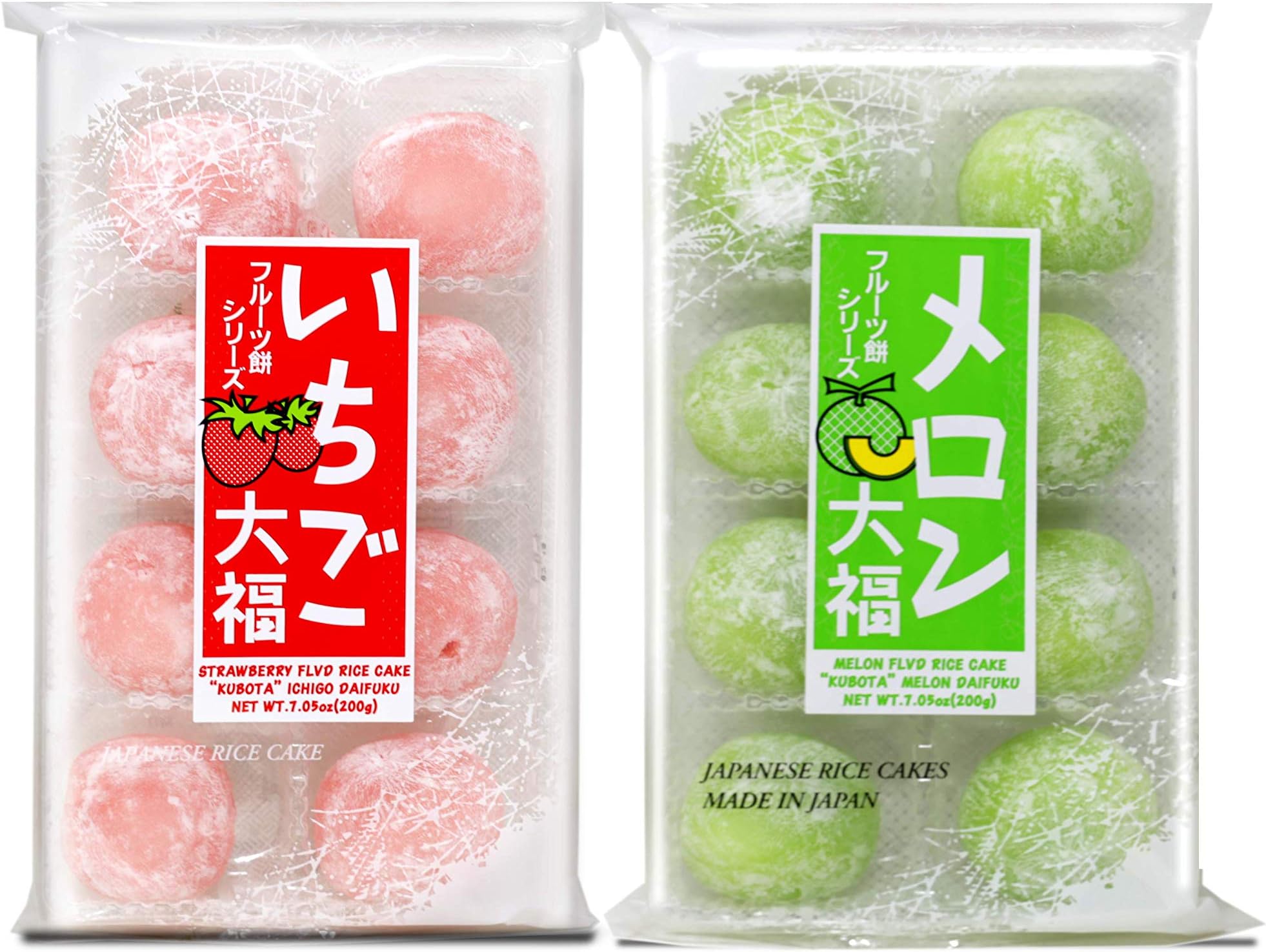 Japanese Mochi Fruits Daifuku (Rice Cake) CHOICE OF: Strawberry, Melon, Green Tea, Orange Flavors. (Strawberry+Melon)