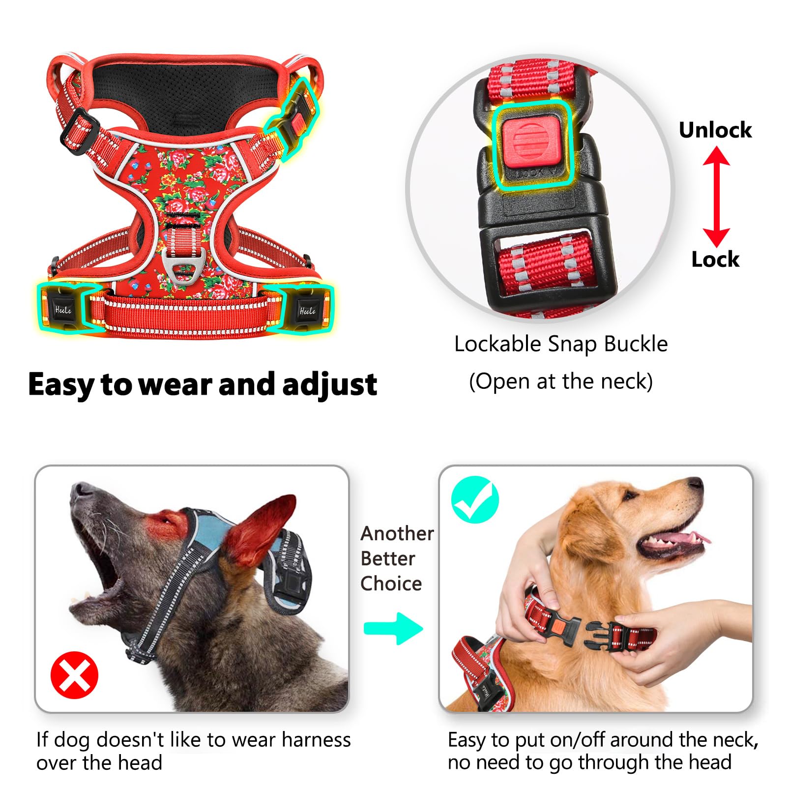HEELE Pettorina Cane, Imbracatura Sganciata Rapido dal Collo, Pettorina Anti-tiro Riflettente e Regolabile con Maniglia Comoda, Morbida e Imbottita per Cani, Floral-Rosso-Serratura S