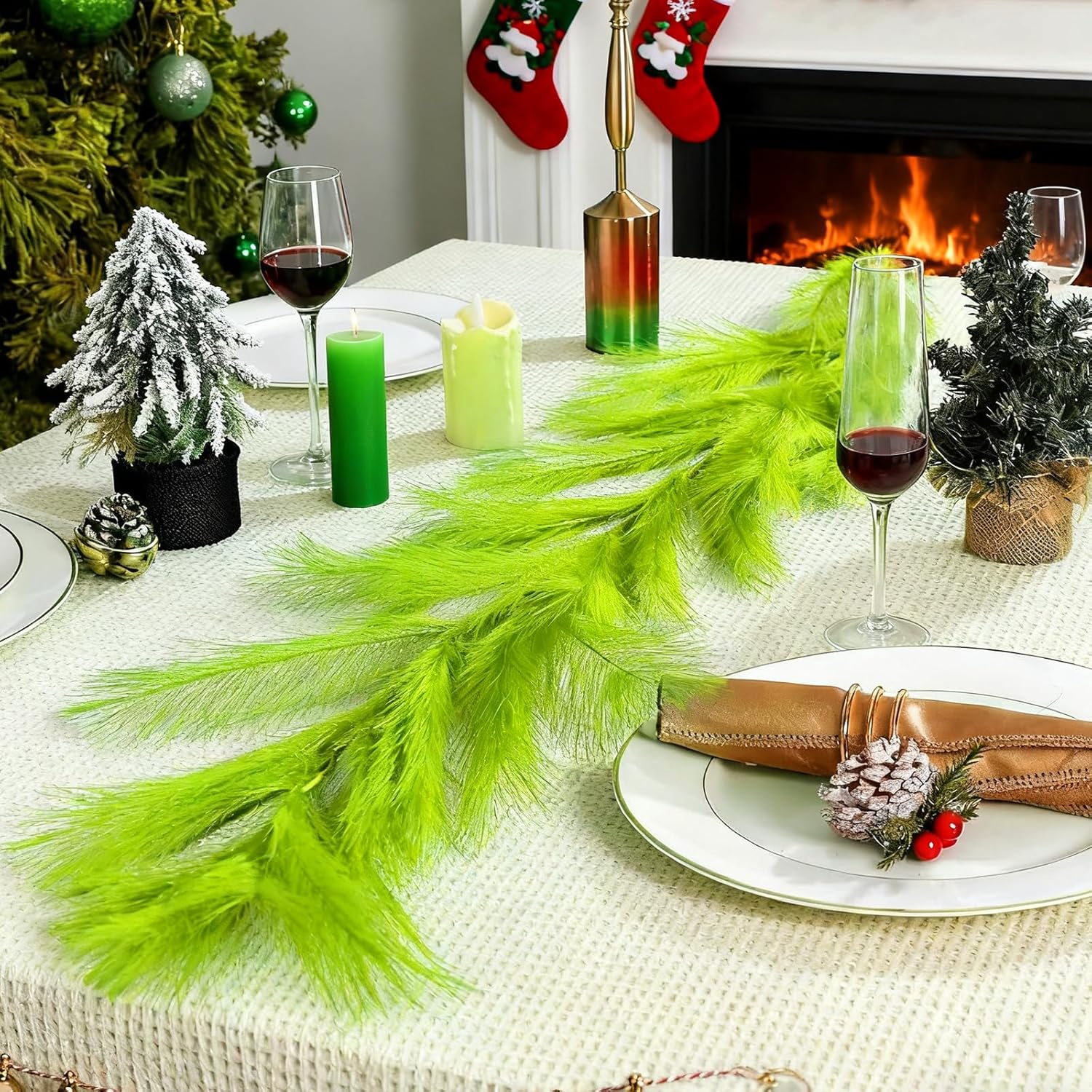 4 Pcs 24 Ft Christmas Tree Garland Decoration Lime Green Pampas Grass Garland Artificial Faux Fabric Feathers Wreath for Mantle Xmas Tree Home Farmhouse Christmas Holiday Party Supplies