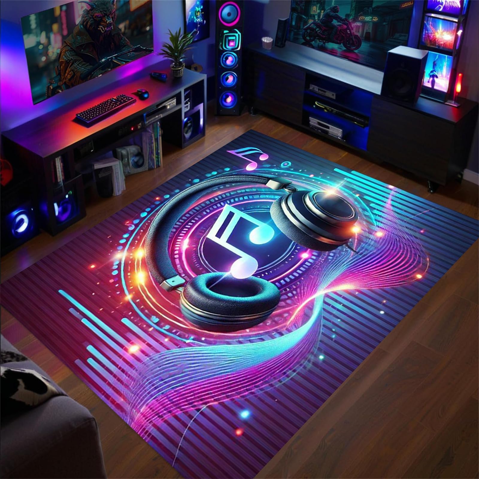 AOESELN Game Headset Design Area Rugs,180x300 Cm Microphone Rug 3D Game Rugs for Boy’S Bedroom With Game Microphoner Decoration,Cool Non-Slip Gamer Carpet for Living Room Playroom
