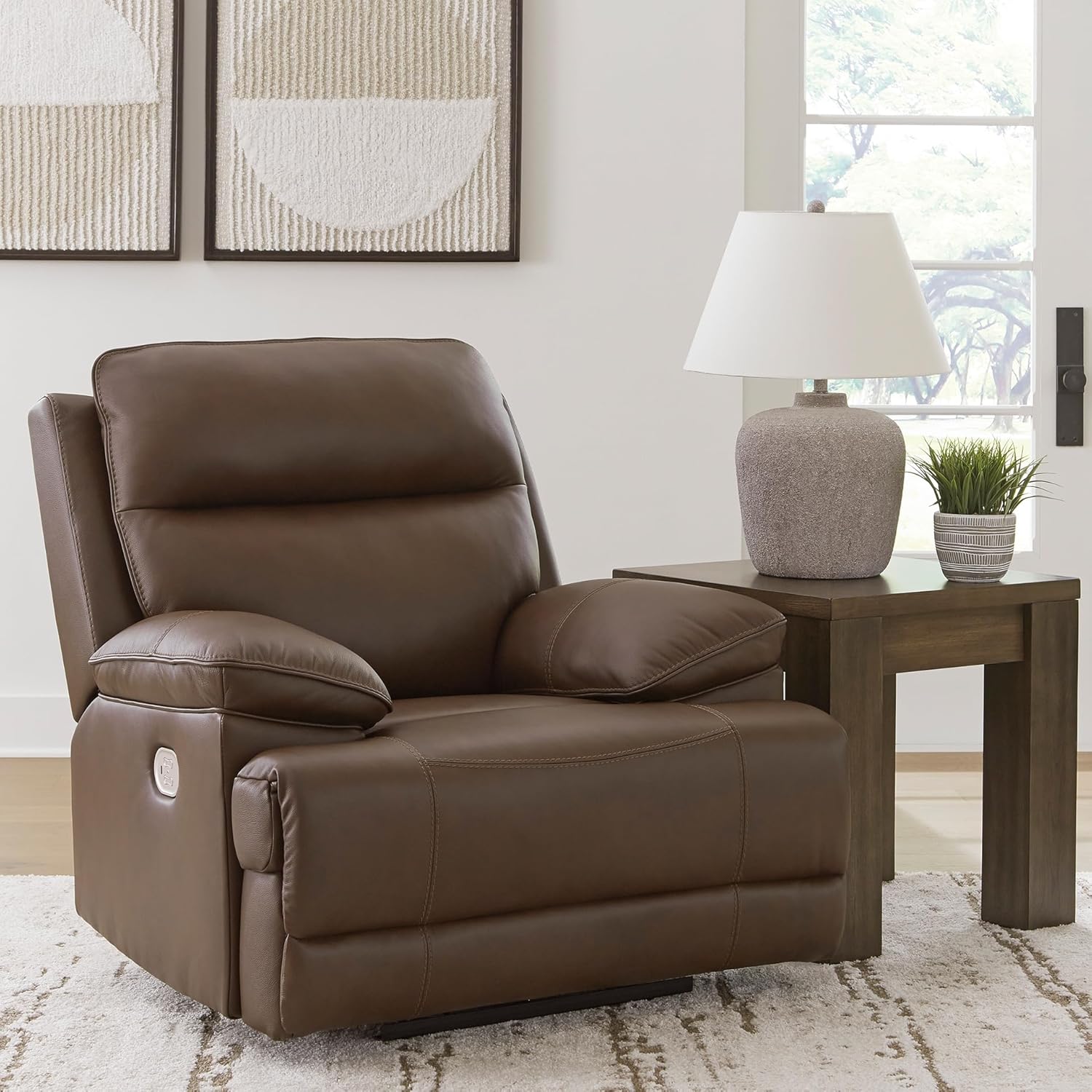 Signature Design by Ashley VonRyan Modern Zero Gravity Leather Match Power Recliner with Adjustable Headrest and USB Ports, Dark Brown