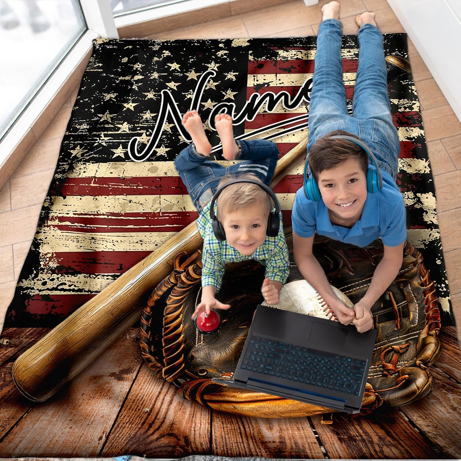 Baseball Blanket, Personalized Boys Throw Blanket for Baseball Lovers Team Players, Custom Retro 40x50 Inches Blanket Gift for Son Nephew on Chair Sofa Couch Bed Decor