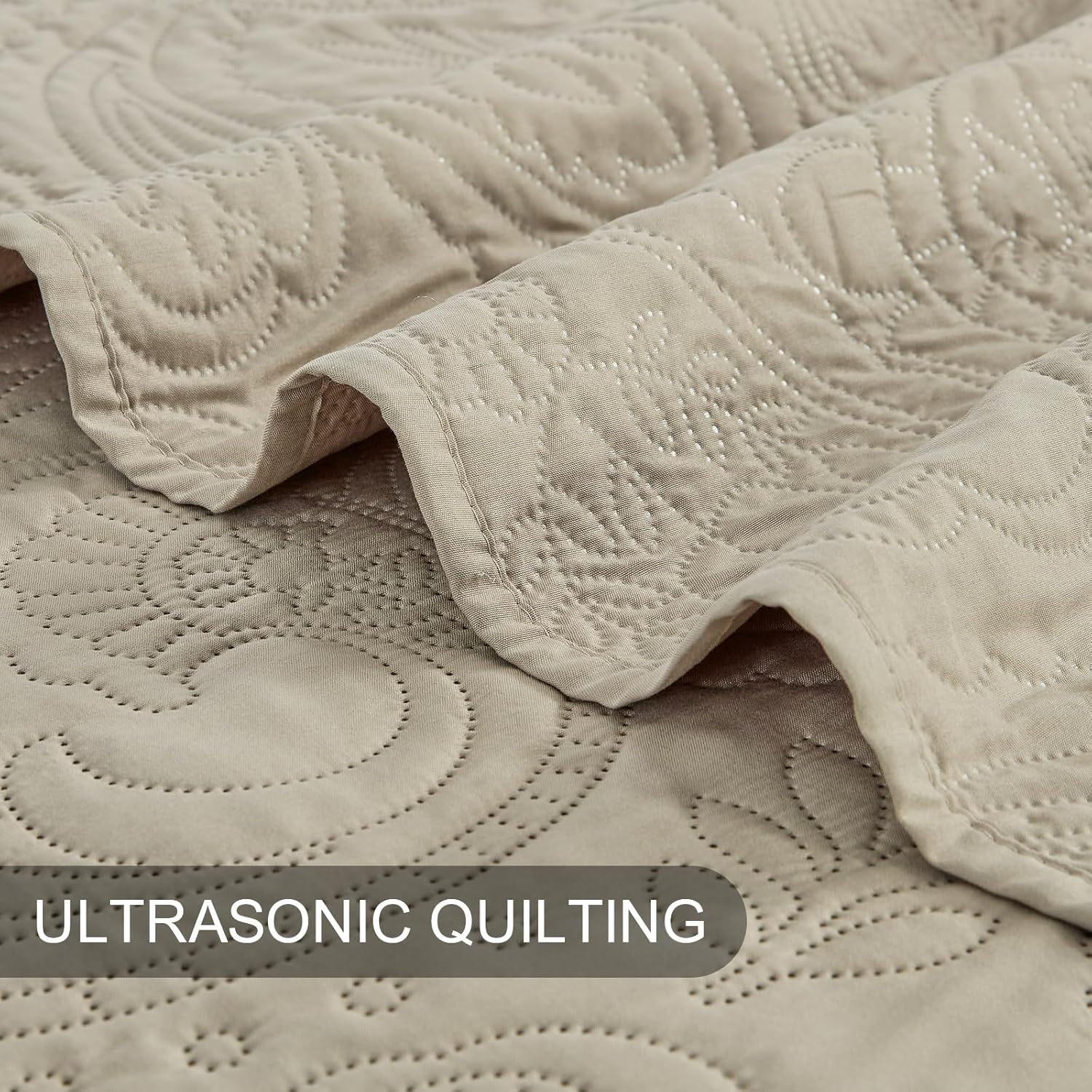 BOURINA Ultrasonic Quilt Set Bedspreads 3-Piece Bedding Set Pre-Washed Microfiber Ultra Soft Lightweight Flower Coverlet Set for All Season, Queen Beige - Image 4