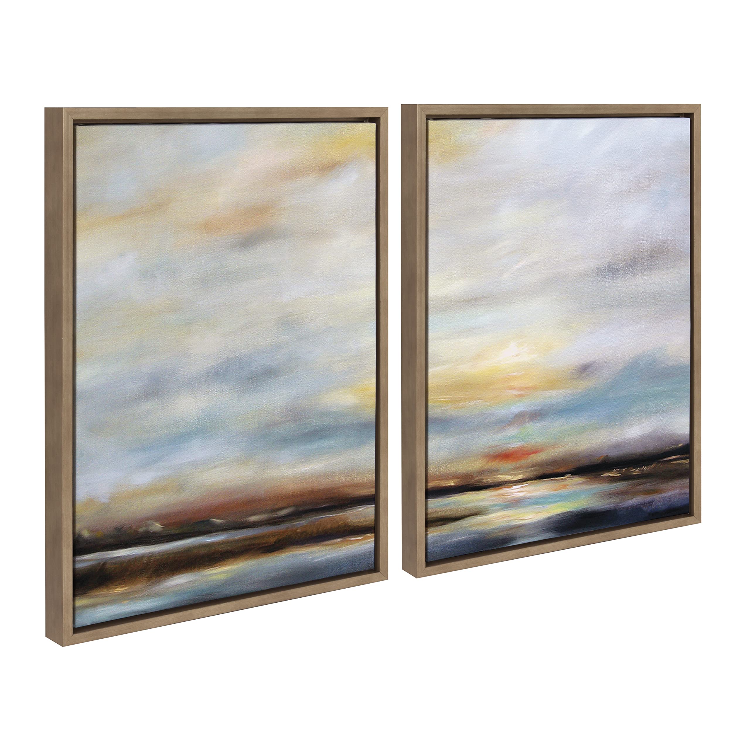 Kate and LaurelSylvie Carolina Sunset Diptych Framed Canvas Wall Art Set by Mary Sparrow, 2 piece 18x24 Gold, Natural Beach Landscape Art Set for Home Wall Decor
