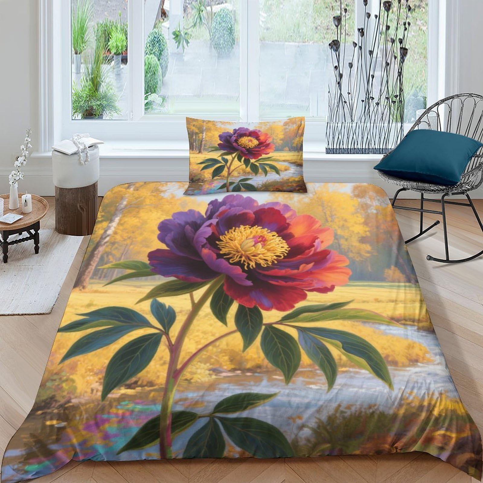 Housse de couette lit simple pivoine 3D avec fermeture éclair cachée pour ado