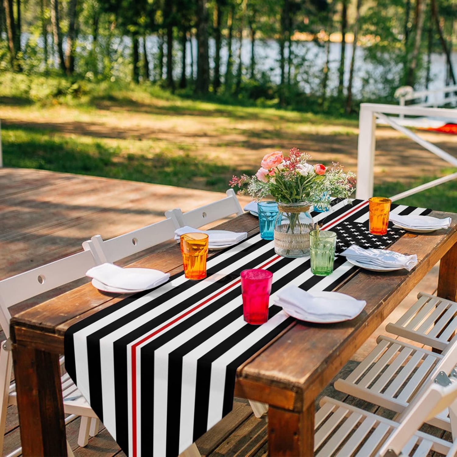 Z&L Home National Day USA Flag Burlap Table Runner,Black Stripe Star Table Runners,Cotton Linen Plaid Dresser Scarves for Farmhouse Kitchen Dinning Party Holiday Decor Outdoor 60 inches Long
