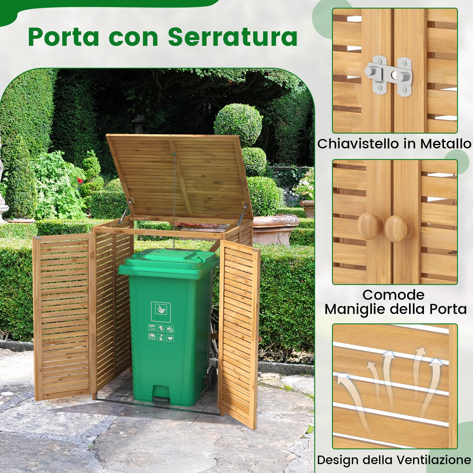 RELAX4LIFE Contenitore per Rifiuti da 120 L, Resistente alle Intemperiein Legno di Abete, con Coperchio a Ribalta e Catena Metallica, Porta Bloccabile