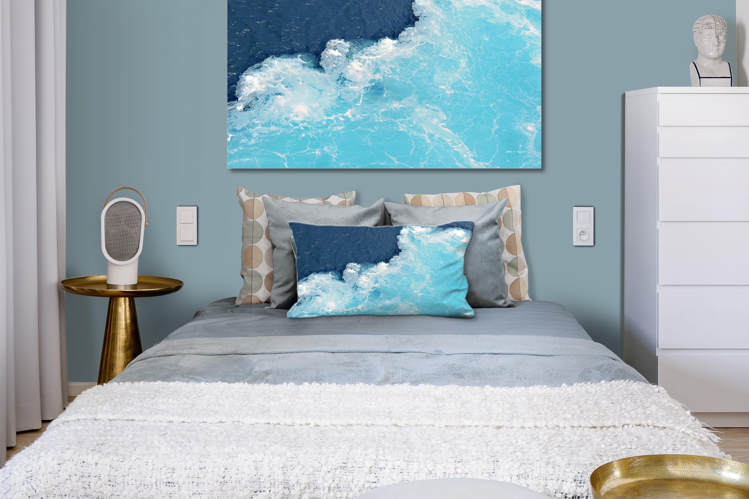 Wellen 3 - Foto-Kissen-Hülle Set (2 STK.) 40 x 40 cm | Kissen-Bezüge - passend zu Wandbild - Deko-Kissen - Strand Wellen Naxos Küste türkis