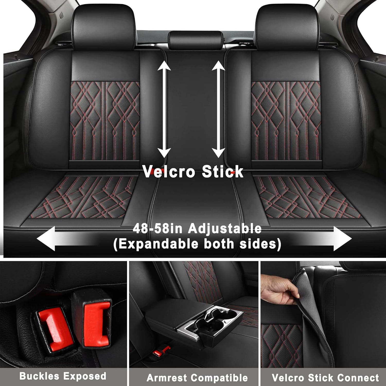 Huidasource Leather Back Row Seat Covers, Waterproof Rear Split Bench Car Seat Covers, Vehicle Seat Cushion Cover Protector Universal Fit for Most Cars Sedan SUV Pickup Truck(Back Row Black&Red)