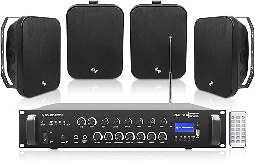 Sound Town Amplificador Bluetooth para restaurante comercial + juego de altavoces de montaje en superficie, con un amplificador de 6 zonas de 70