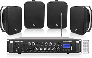Sound Town Commercial Restaurant Bluetooth Amplifier + Surface-Mount Speaker Set, with One 6-Zone 70V/100V Amplifier with Bluetooth, 4 x 6.5-Inch Surface-Mount Speakers, Black (PAC180X4MS6B)