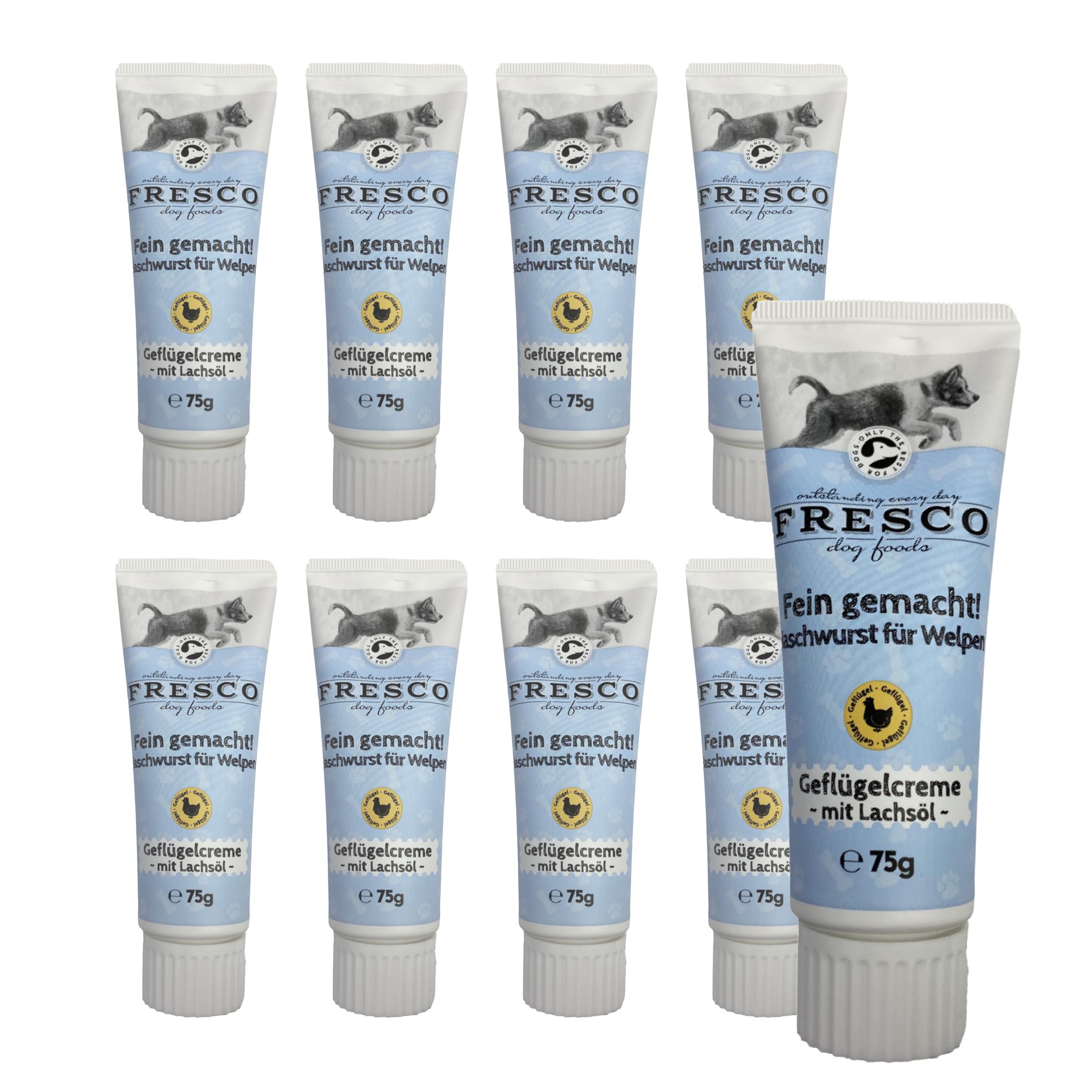 FRESCO Dog Fein Gemacht! Geflügel Leberwurst Hunde Tube | Für Welpen & mit Lachsöl | Gesundes Hundetraining | Premium Hundeleckerli getreidefrei | 9 x 75g | Aus Deutschland
