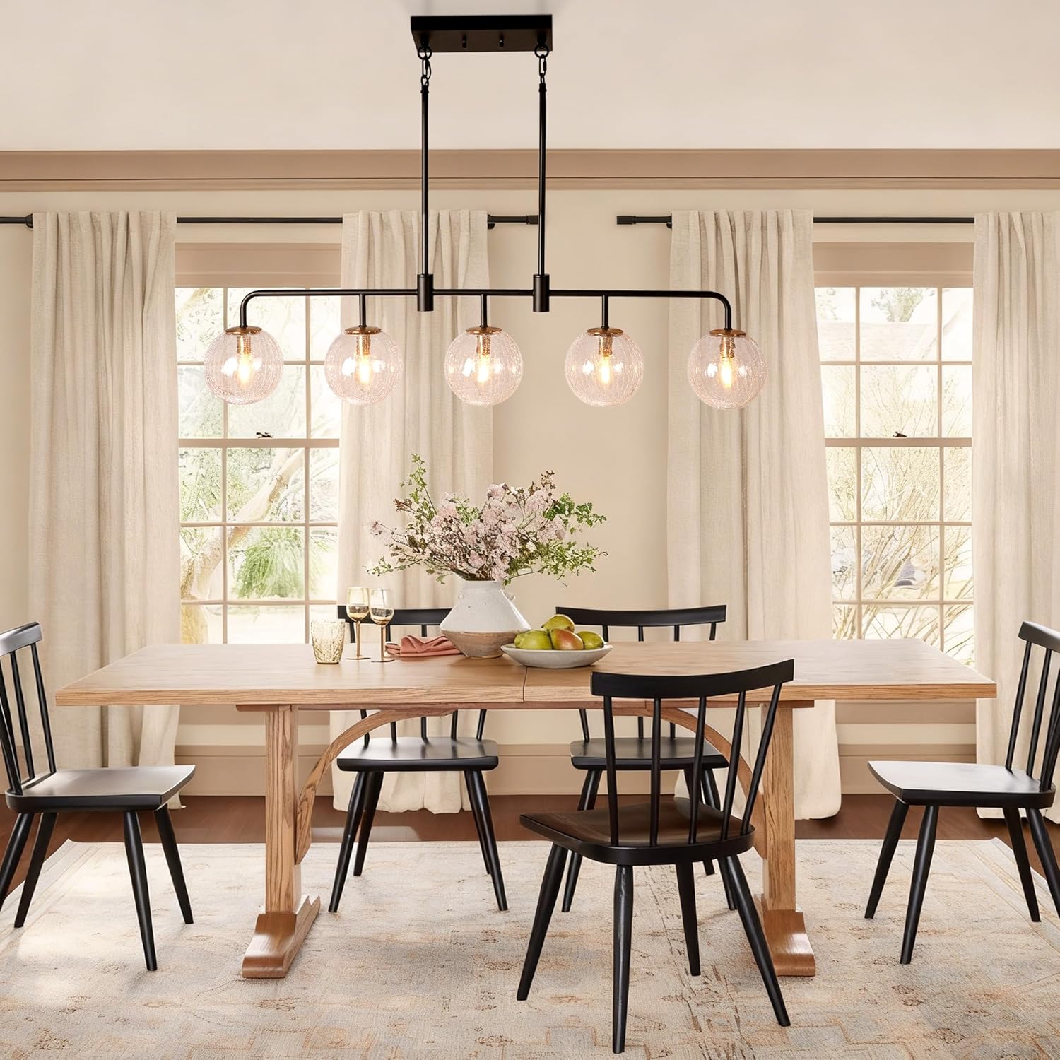 Dining Room Light Fixture, 5 Light Linear Pendant Lights Kitchen Island with Cracked Glass Globe Shade, Adjustable Height Chandeliers for Dining Room Living Room Kitchen Island