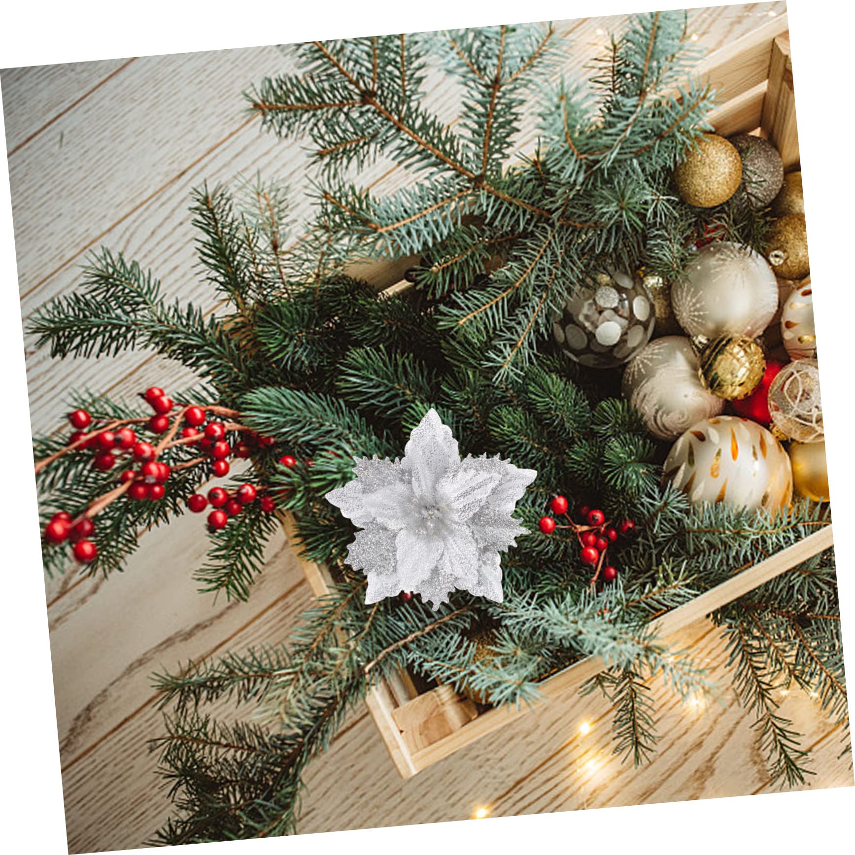 64 pcs Fleur de Noël Artificielle Fleur de Noël Fête Fleur Prop Poinsettia Fleurs Artificielles Noël Paillettes Fleurs Vacances Paillettes Poudre Fleurs Artificielles Arbre de Noël