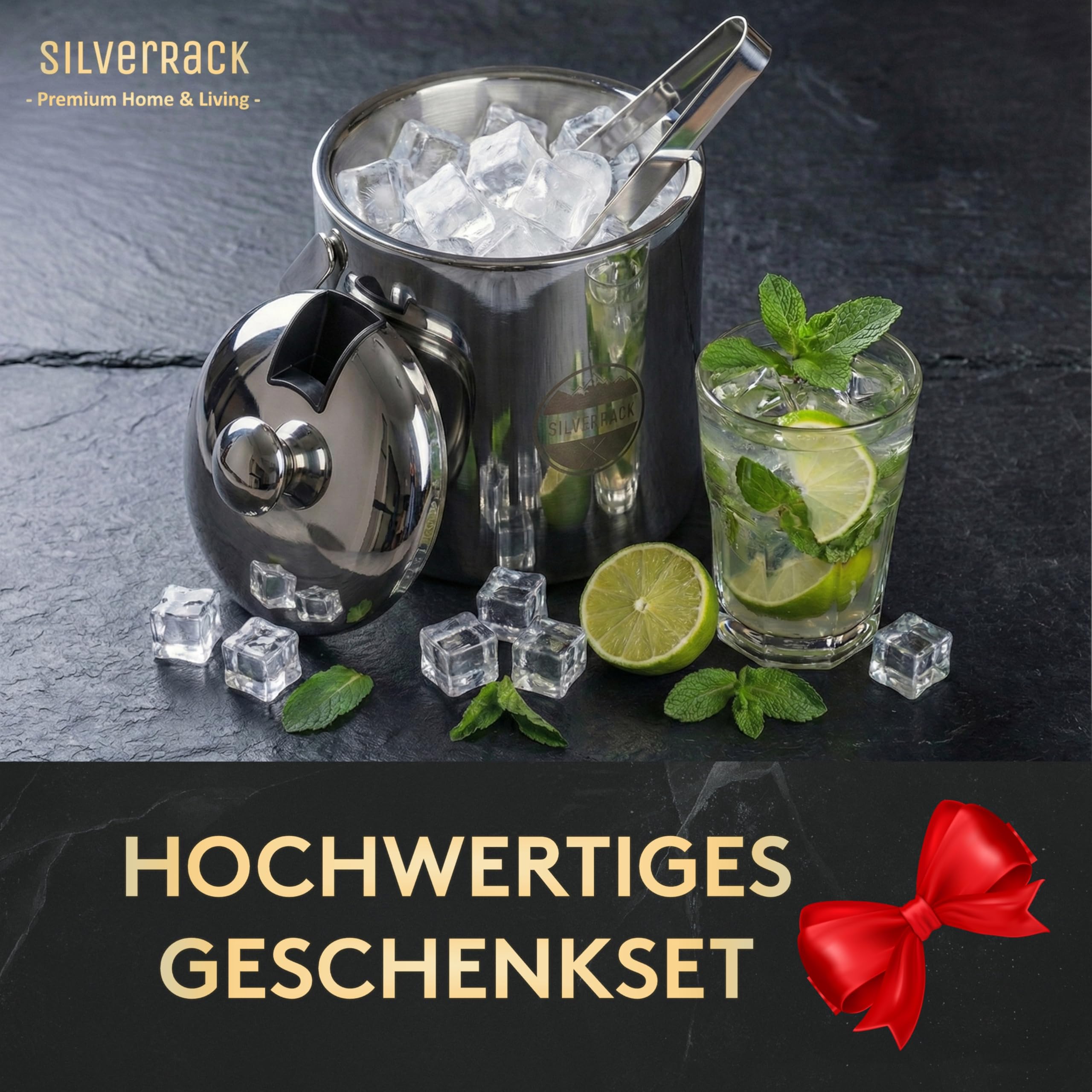 SilverRack Edelstahl Eiswürfelbehälter mit Deckel u. Zange [1,3l] - Eisbehälter für Eiswürfel perfekt für kalte Getränke - Premium Eiskübel als Eiswürfelbehälter Ice Bucket