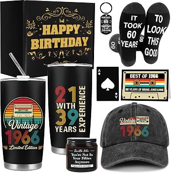 60th Birthday Gifts for Men, Vintage 1966 Birthday Gift Box with 20 oz Tumbler, Candle, Socks, Baseball Cap, Bottle Opener, and Keychain for 60 Year Old Dad, Husband, Friends, Coworkers