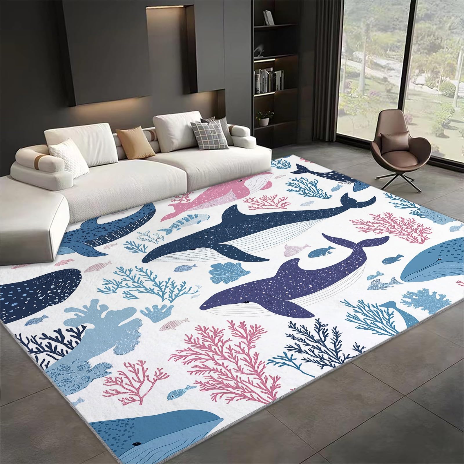 Générique Tapis Intérieur 80x150cm Thème Océan Baleine Tapis Salon Lavable, Tapis de Chambre Moderne à Poil Ras, Antidérapant et Résistant, Tapis Sol Décor À La Maison