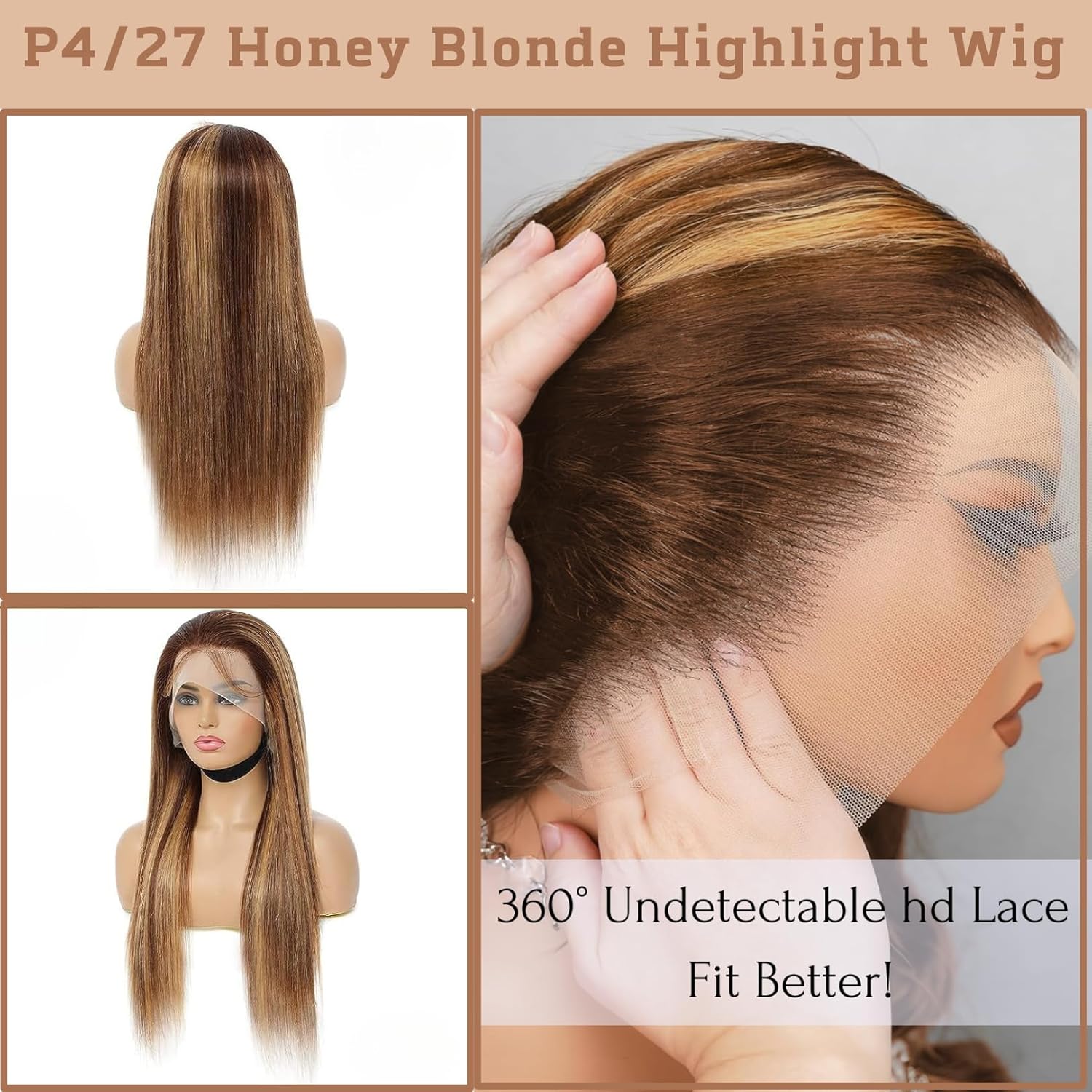 360 Lace Frontal Wig Honey Blonde Highlight 22 Inch 360 Human Hair Wig Ombre P4/27 Colored Straight Full Lace 360 HD Transparent Lace Brazilian Virgin Human Hair Wigs Free Part Pre Plucked 150 Density