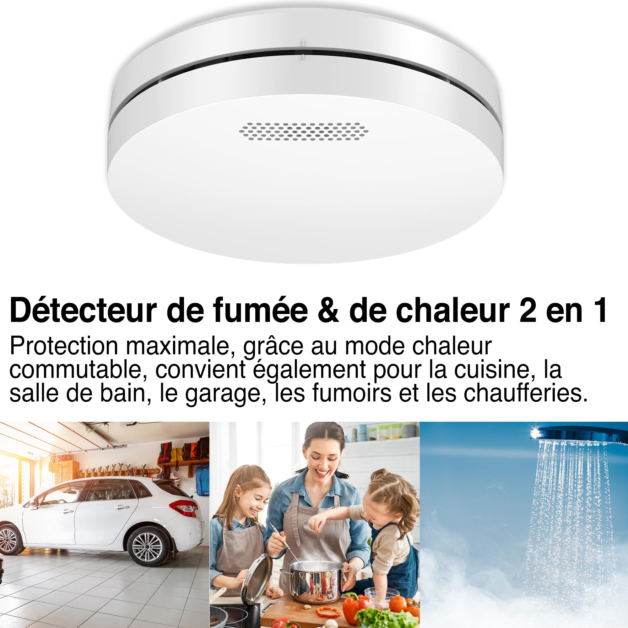 ALPENLUFT Détecteur de fumée & de Chaleur 2en1, 10 Ans de Batterie, Alarme Incendie fumee, detecteur, detecteur Incendie, sans perçage, securite Incendie, Pas de LED detecteur de fumée (Set de 5)