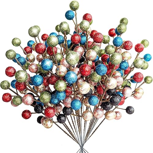 24 Pack Christmas Artificial Berry Stems Branches, Christmas Picks Colorful