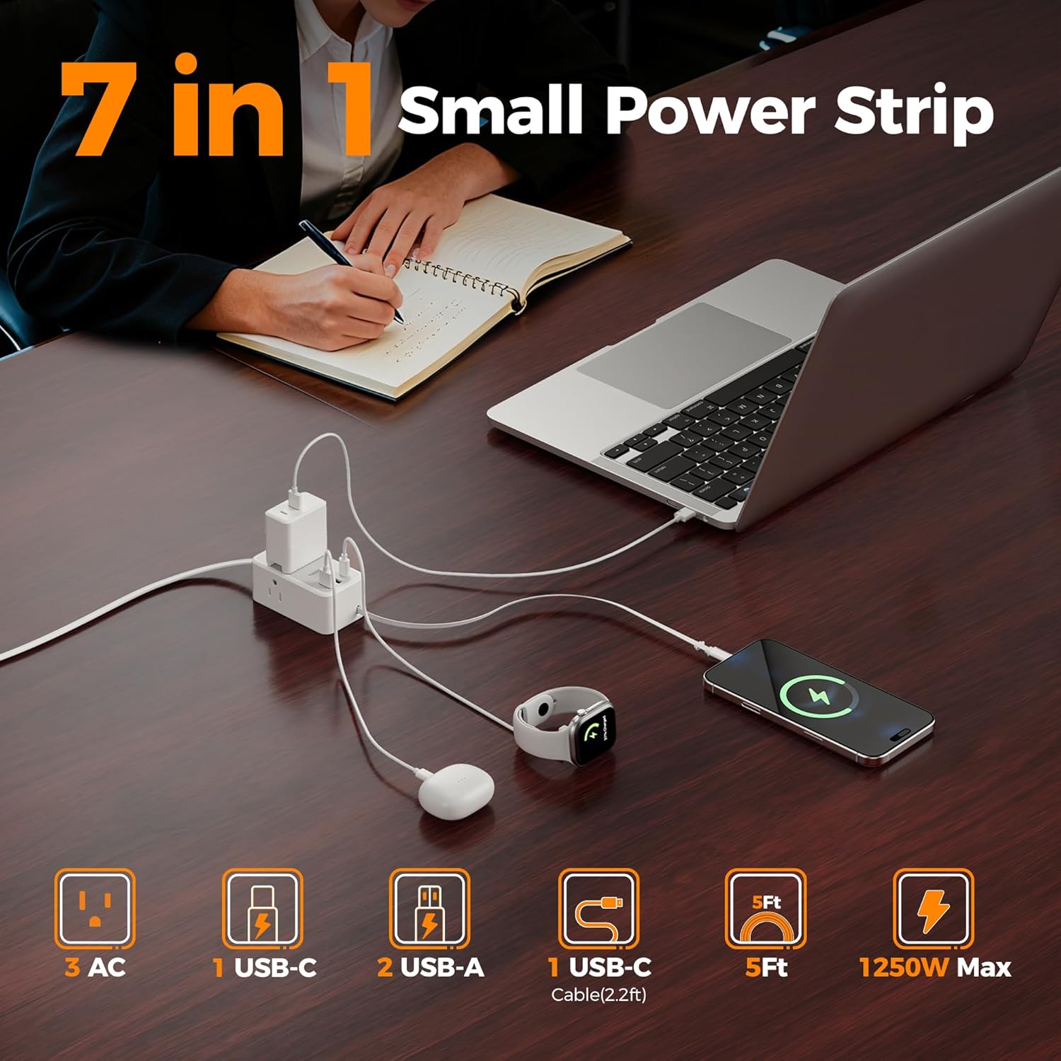 TESSAN Small Flat Plug Power Strip, Ultra Thin Extension Cord 5 ft, 3 AC Outlets 3 USB (1 USB C), 1 Retractable USB C Cable, Multiple Wall Outlet Extender for Cruise Travel Dorm Room Essentials
