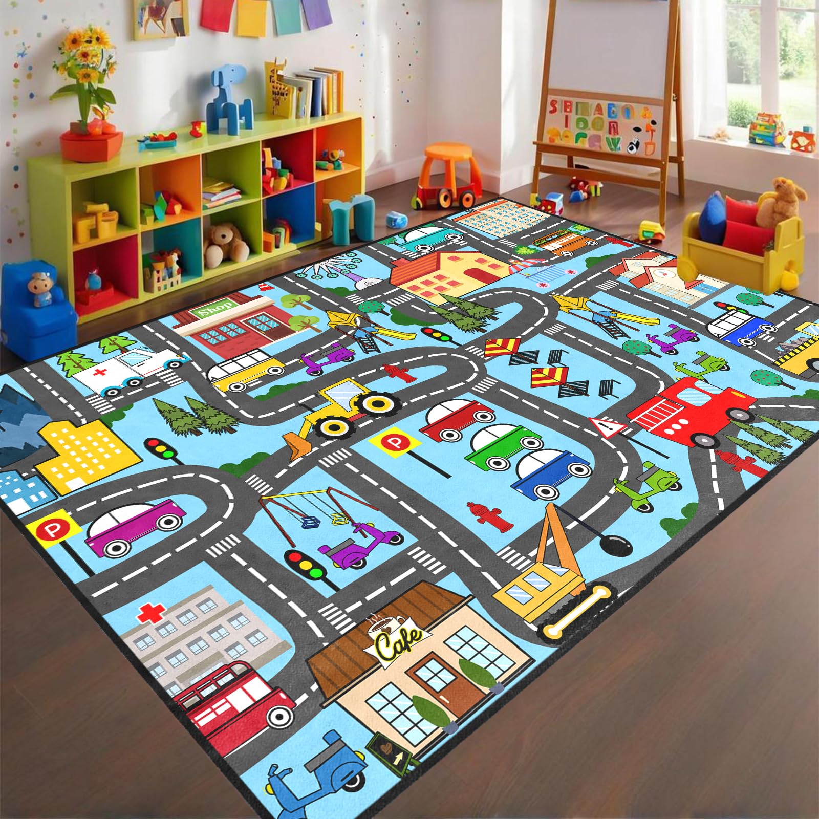 OGPJKEQR Car Track Rug - Car Rugs for Kids City Life Road Rug for Large Kids Play Mat for Boys Girls Playroom Living Room Bedroom Classroom, 5'×7'