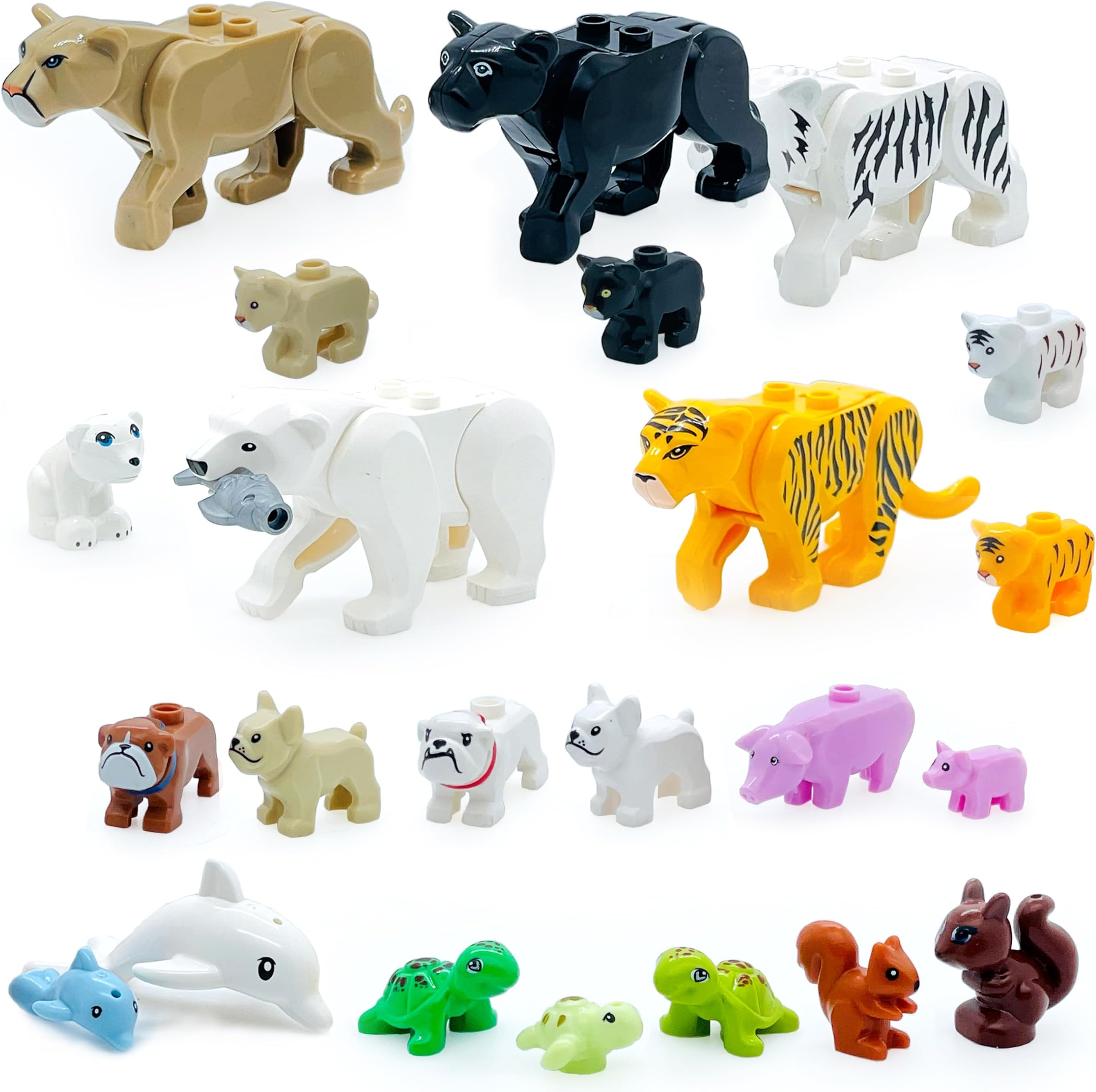 23pcs Animals Mini Figures Friends Sets with Baby Building Block Farm Zoo Animals Toy for Boys Girls 6-7-8-9-10-11-12 Kits Tiger Leopard Bear Dog Dolphin Turtle Squirrel