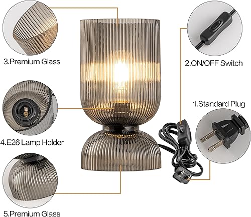 Miniatura 8 de Lámpara de mesa moderna, lámpara de mediados de siglo con pantalla de cristal gris ahumado, lámpara de noche con interruptor de encendidoapagado,