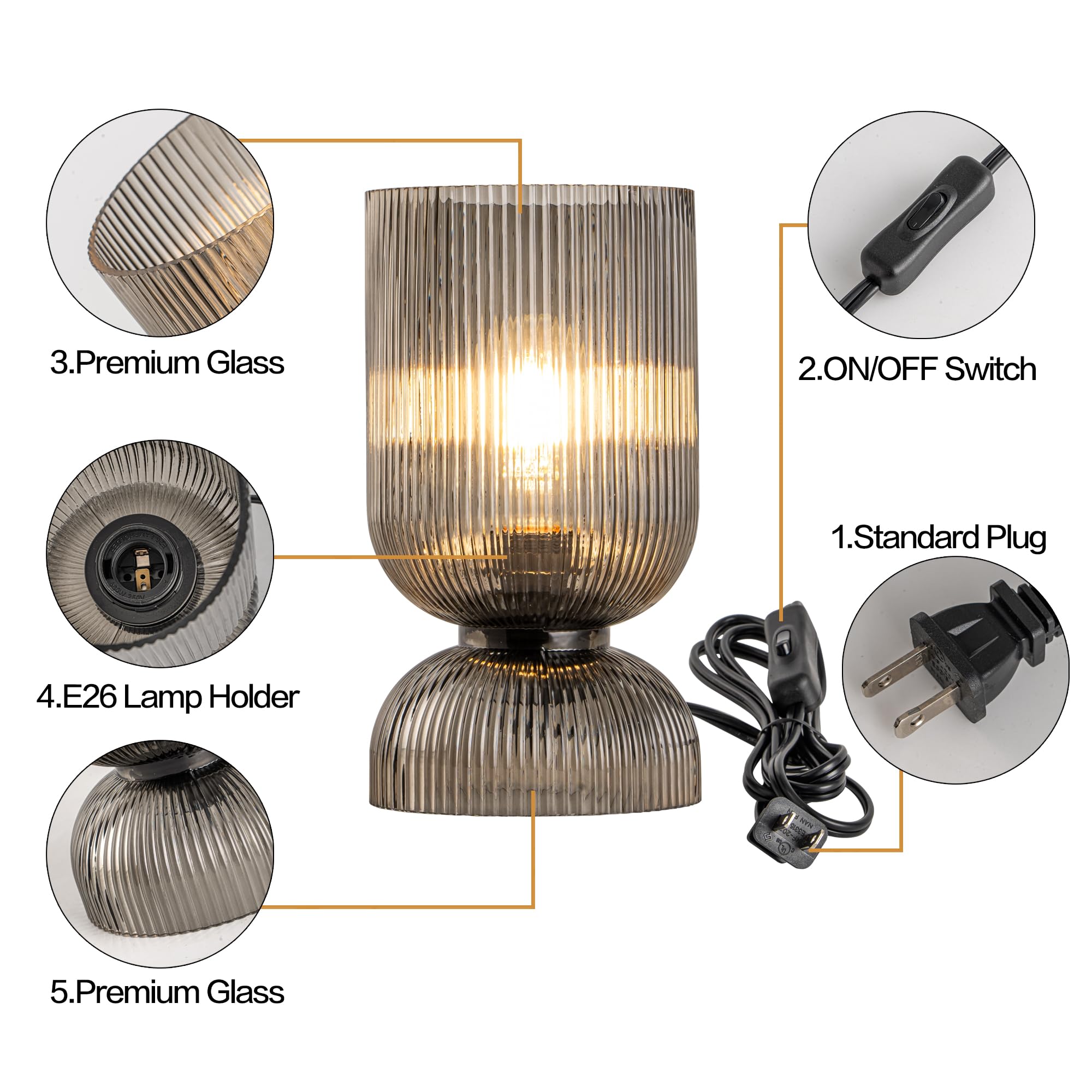 Lámpara de mesa moderna, lámpara de mediados de siglo con pantalla de cristal gris ahumado, lámpara de noche con interruptor de encendido/apagado, lámpara de mesita de noche minimalista para 8