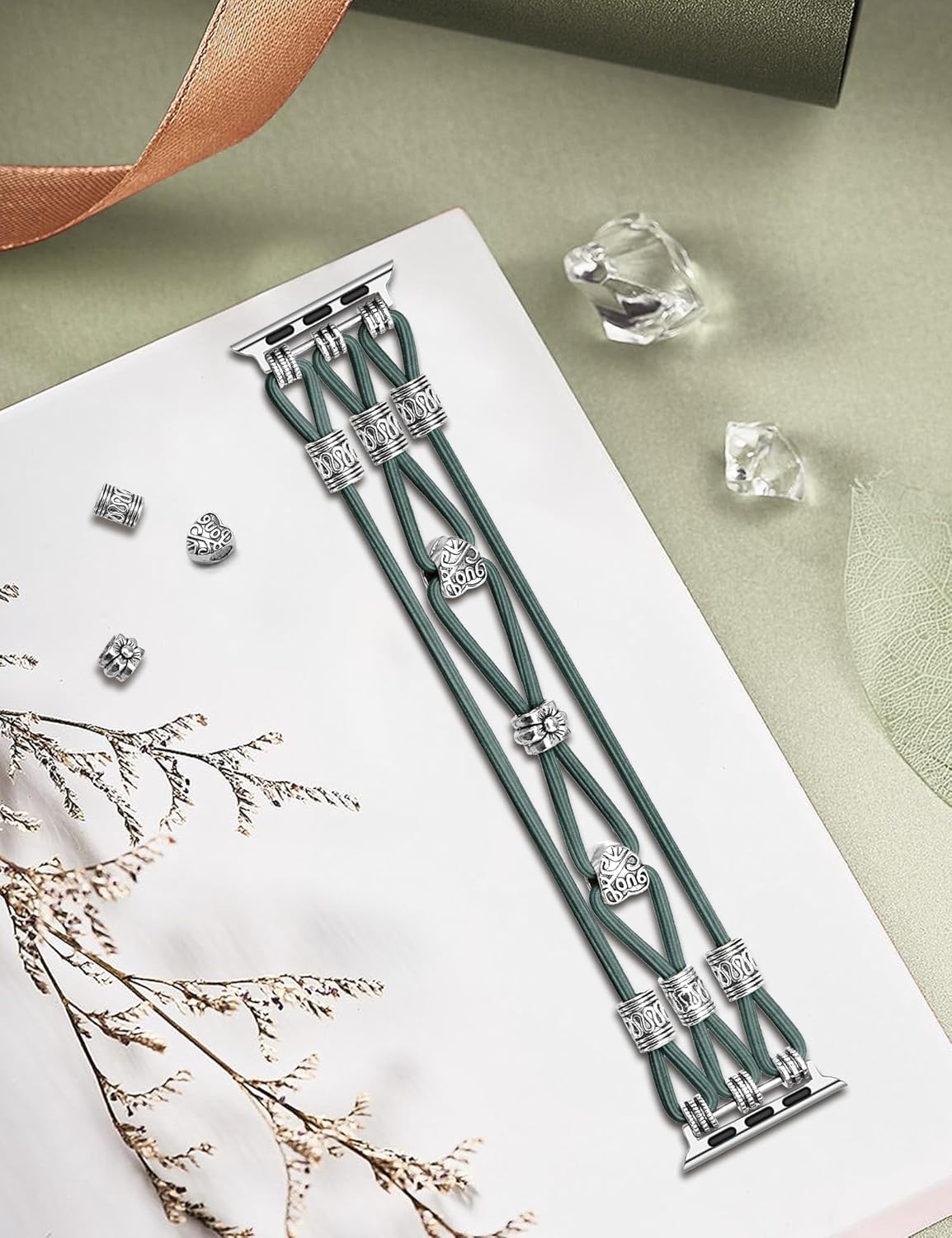 Beaded Bracelet Compatible for Samsung Galaxy Watch 7/6/5/4/Active 2 40mm 44mm, 6 Classic 43mm 47mm, 5 Pro 45mm/Watch 4 Classic 42mm 46mm, 20mm Boho Stretchy Strap for Women - Image 3