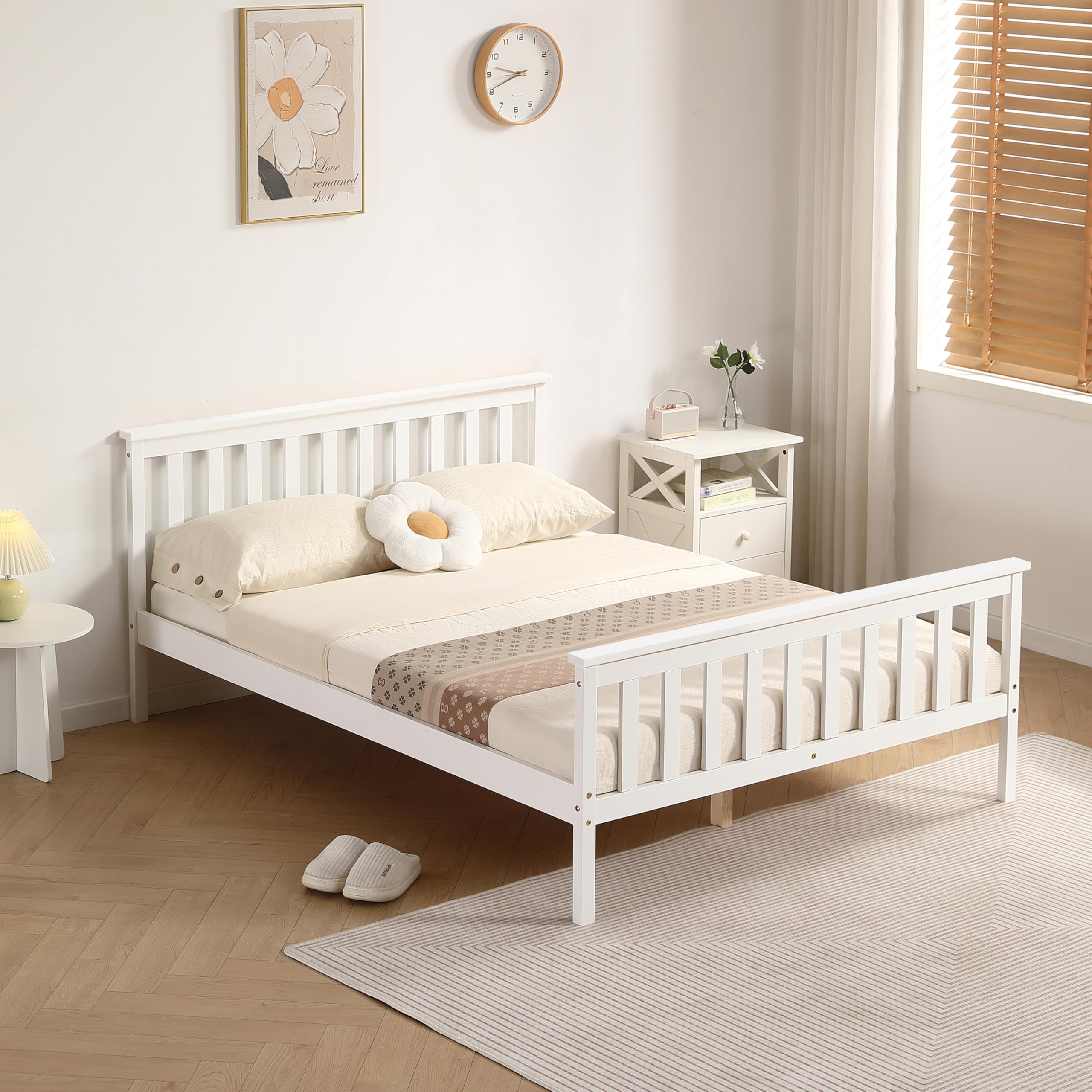 Comfy Living 4ft6 Double Bed Frame with Mattress, Solid Pine Wooden Bed for Adults Kids Teenagers, Atlantis Style, White โ image 1
