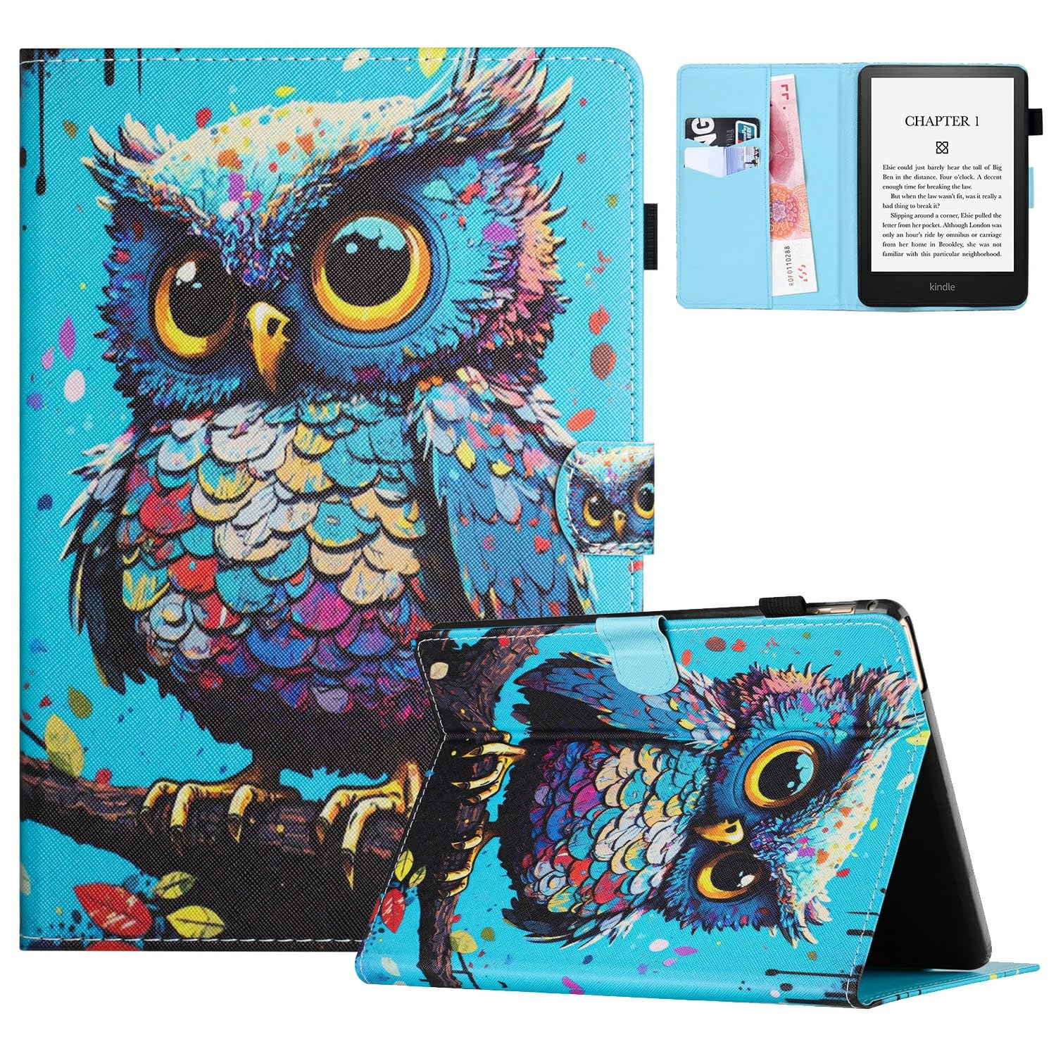 for Amazon Kindle Paperwhite (2024) Case Card Holder Stand Pattern Printing Leather Cover - Owl-image-43