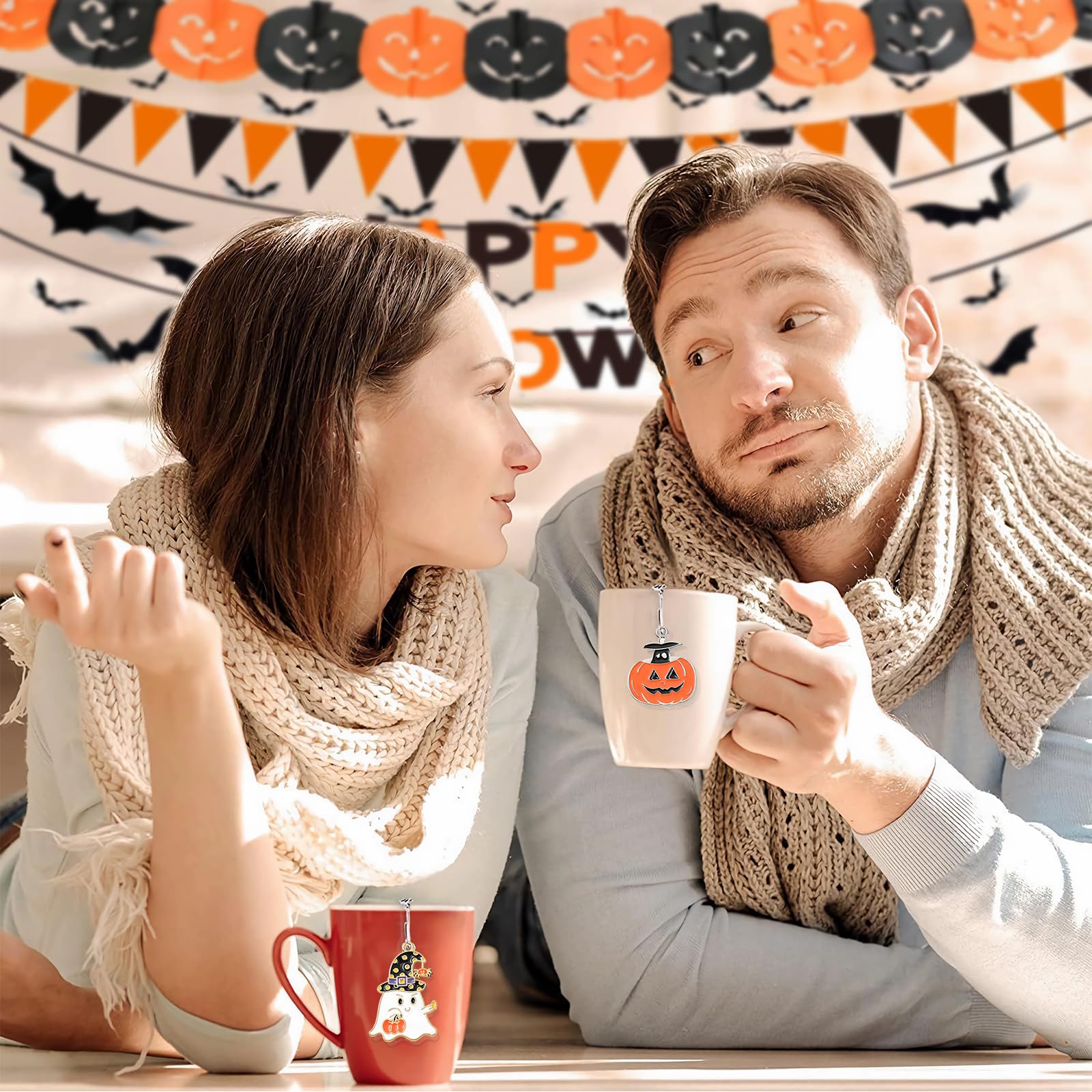 PUSCOBSY Cube Tea Infuser Set, 2 PCS Tea Strainers for Loose Tea, Halloween Theme Charm Pendant Tea Steeper, Tea Ball with Pumpkin & Ghost Pendant