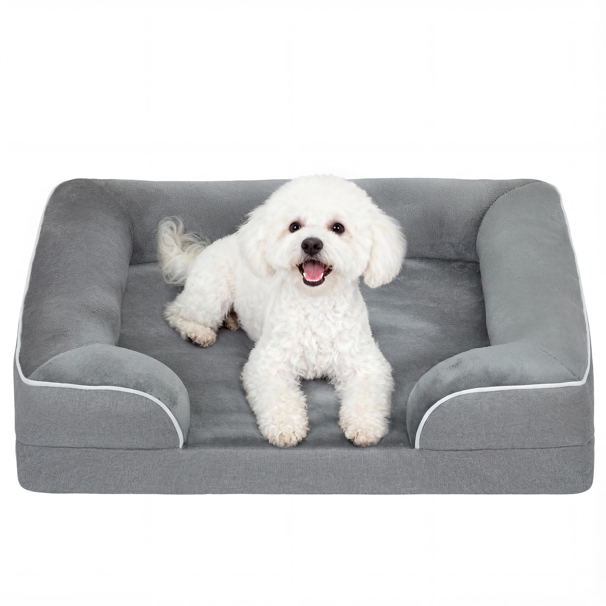 PawHut Memory Foam Dog Bed Sofa, Washable Orthopedic Dog Bed Couch with Removable Flannel Cover, 3-Sided Pet Pillow with U-Shape Bolster, Non-Slip Bottom, Grey, 70 x 60 x 16.5 cm