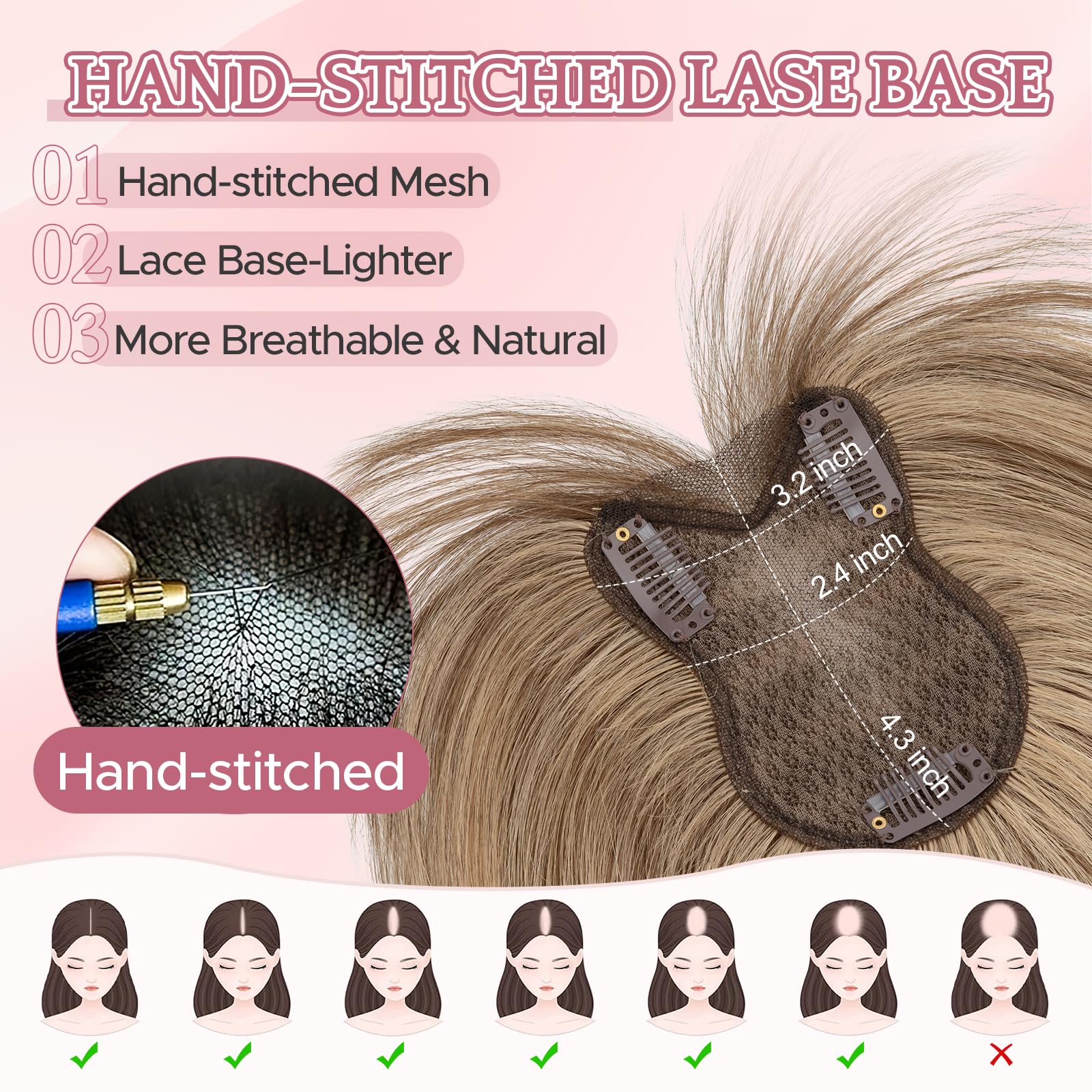 SEGOHAIR Human Hair Topper with Bangs Double-Layer Hand-stitched Thinning Hair Toppers 360°3D Coverage Clip in Bangs Natural for Women Breathable 11inch Chocolate Brown with Honey Blonde,21g - Image 3