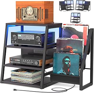 AV Media Stand with Outlets, Stereo Stands and Racks with Vinyl Storage, Stereo Stand with Record Storage, Audio Stereo Rack Cabinet, Turntable Console Stand with LED lights, 4 Tiers, Black Ebony
