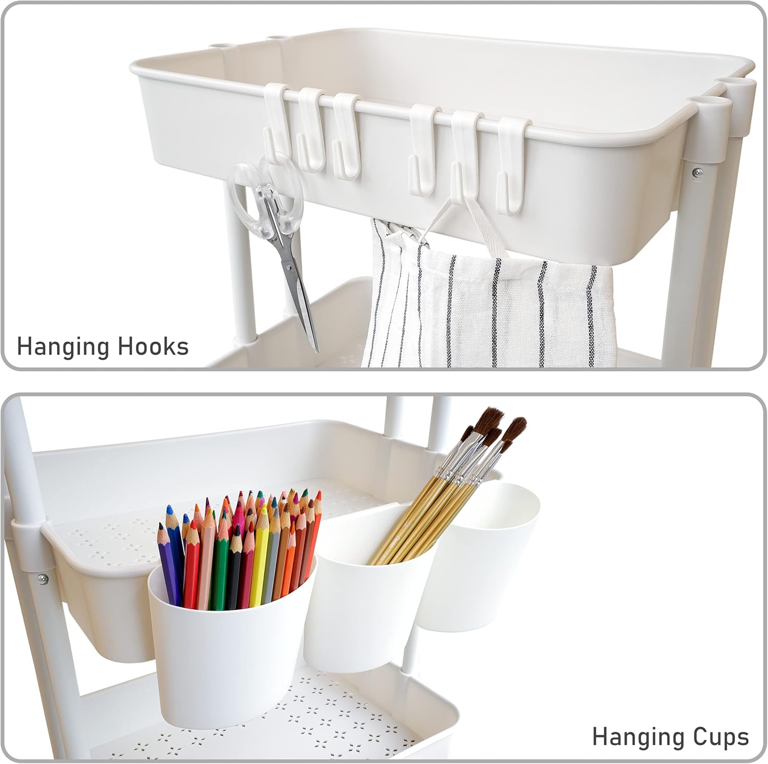 CAXXA 3-Tier Rolling Storage Organizer with 3 Small Baskets - Mobile Utility Cart with Caster Wheels (White)