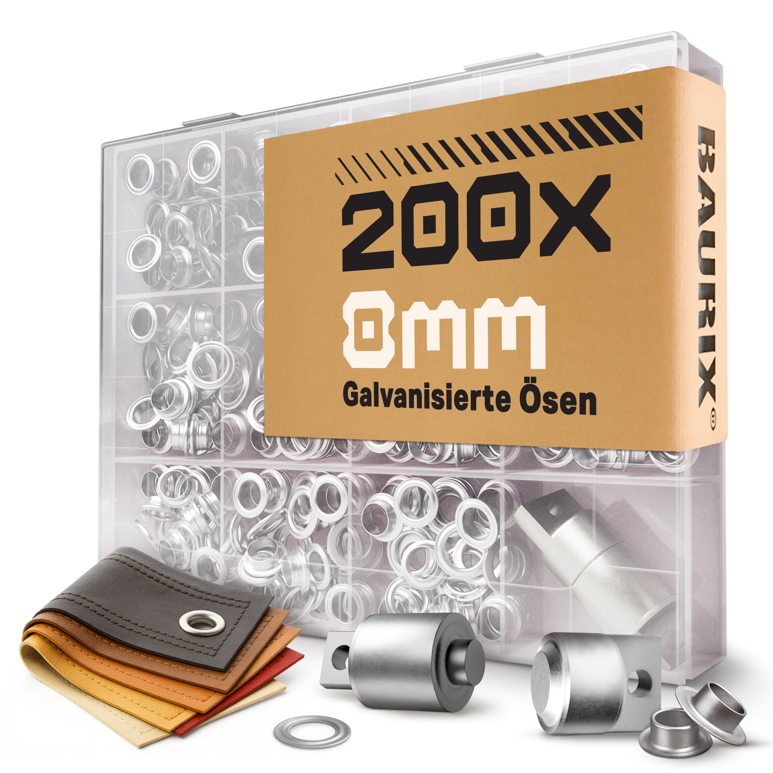 BAURIX® 200 Ösen (Ø 8 mm) mit magnetischem Einsatz für TALOS Zange – für Planen, Markisen, Leder & Vorhänge – ideal für Bastler, Schneider & Heimwerker – Zange separat erhältlich